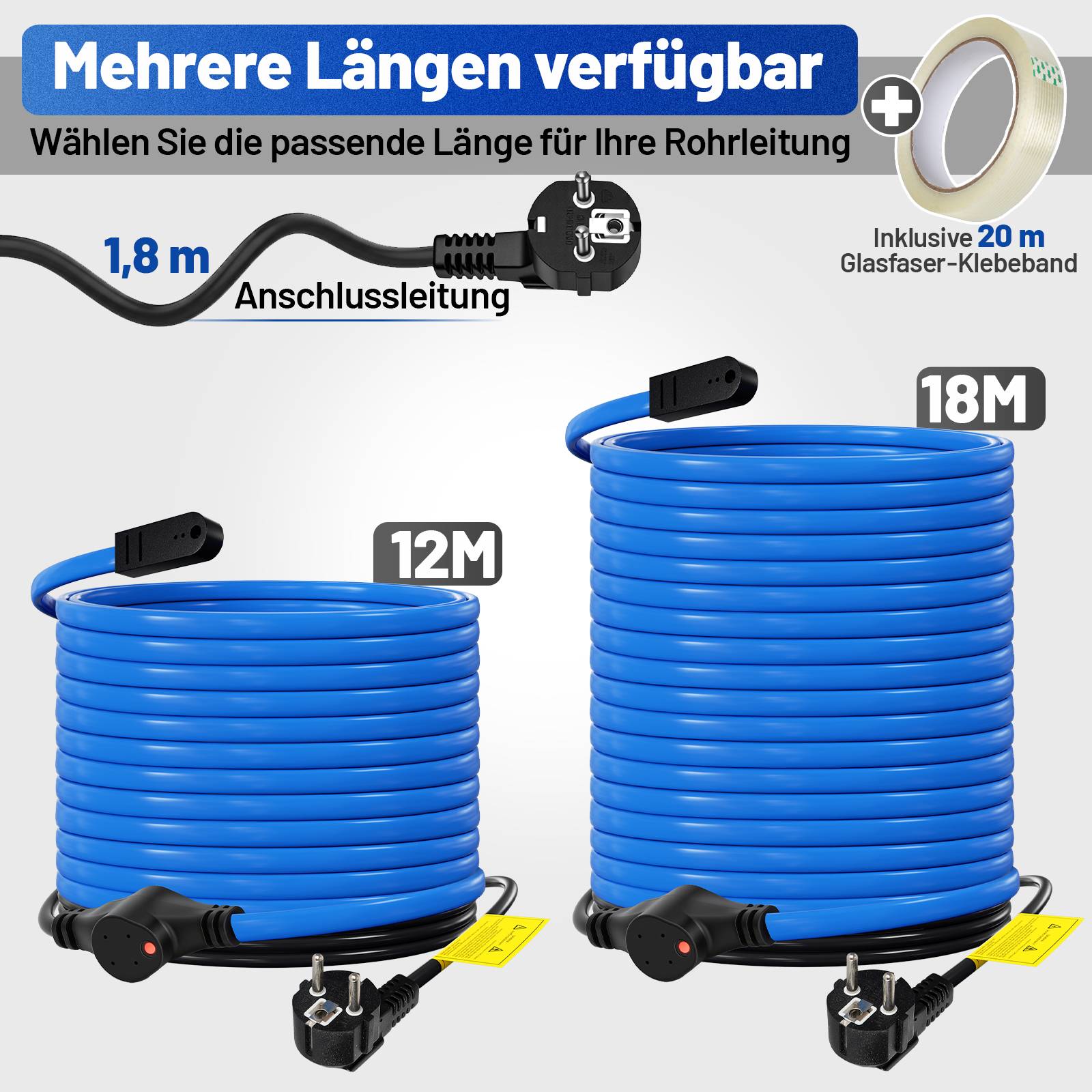 18m 450W Frostschutz Heizkabel mit Thermostat &amp; Kontrollleuchte Rohrheizkabel Heizleitung für Wasserleitung Wasserdicht Rohrleitungen Inkl. 10m