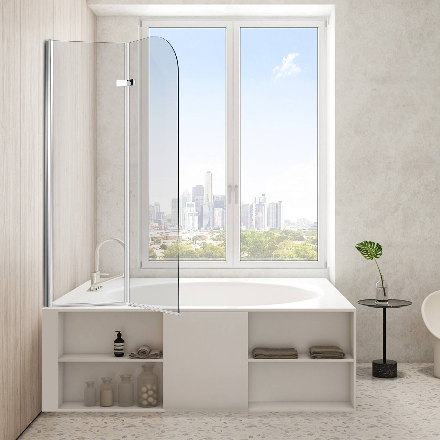 Modernes Badezimmer mit einer weißen Badewanne unter einem großen Fenster, ausgestattet mit einer klaren Glasduschabtrennung, offenen Regalen und Stadtblick nach draußen.