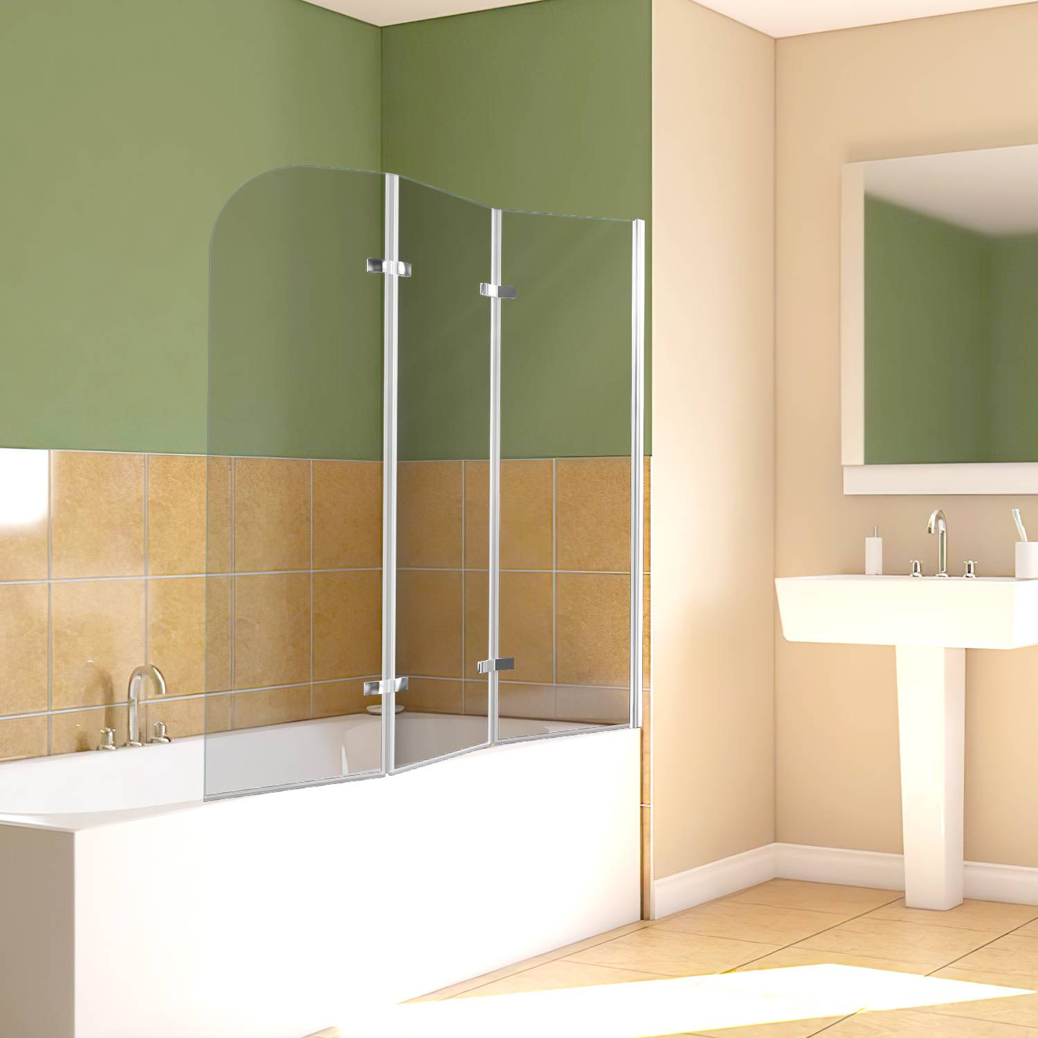 Modernes Badezimmer mit weißer Badewanne und transparentem Duschwand-Faltsystem, beigefarbenen Fliesenwänden, grünen Oberwänden und einem Säulenwaschtisch neben einem Spiegel.