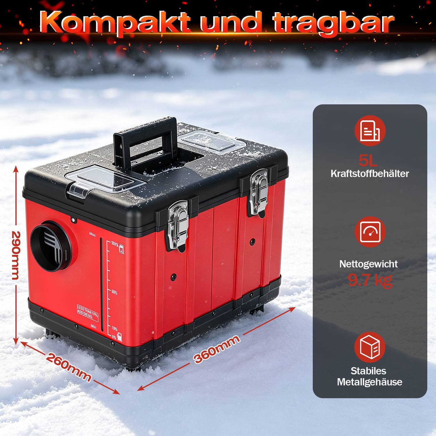 Bild eines roten tragbaren 5-Liter-Benzinbehälters mit schwarzem Metallgehäuse, das die Abmessungen 290 mm x 260 mm x 360 mm zeigt und den Text „Kompakt und tragbar" enthält.