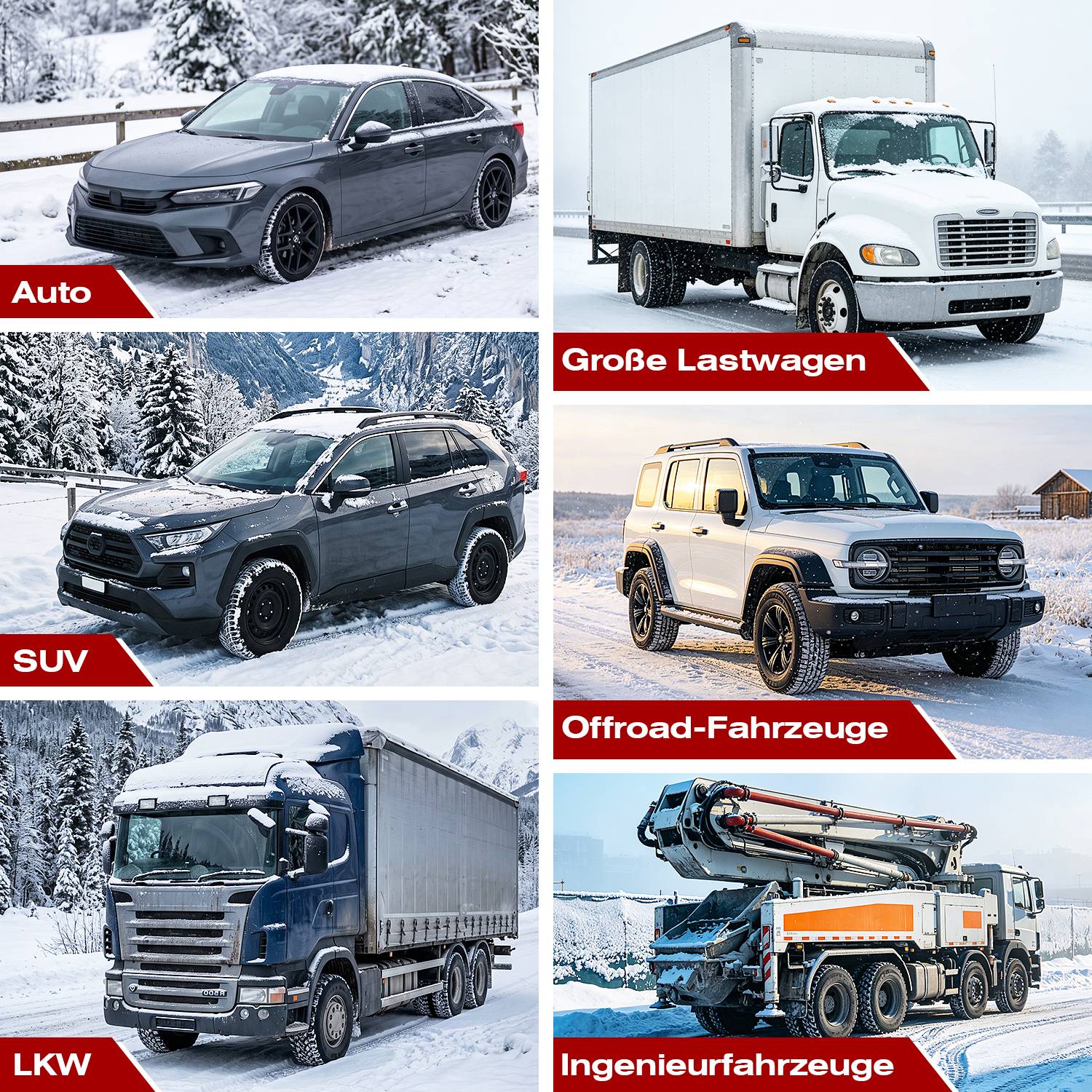 Collage von Winterfahrzeugen auf verschneiten Straßen: Auto, Geländewagen, großer Lastwagen, Offroad-Fahrzeug, Sattelzug und Baufahrzeug, jedes mit deutscher Beschriftung.