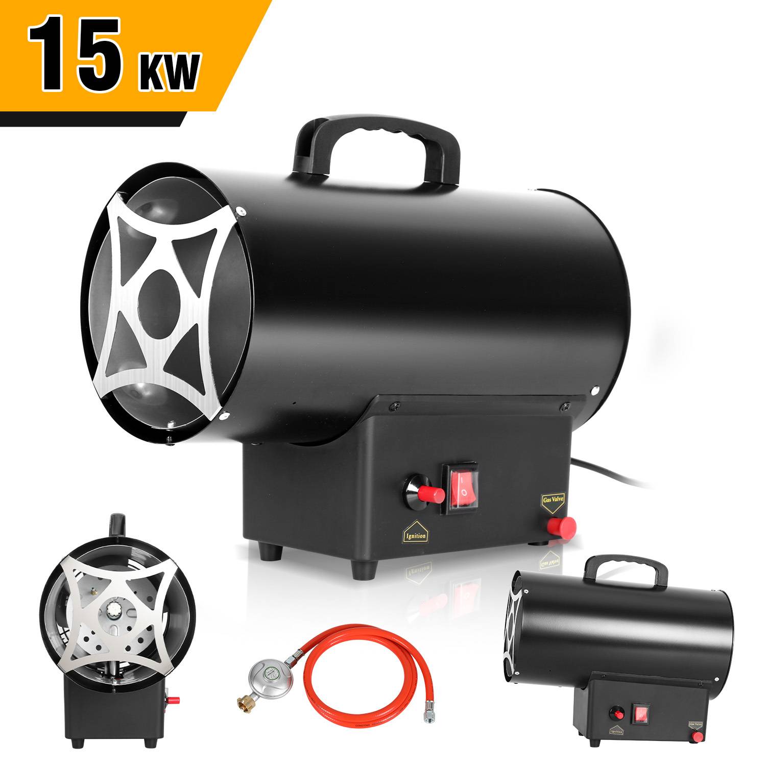 15 kW Gasheizgebläse Gas Heizgerät LPG, mobile Heizkanone Bauheizer für Werkstatt Garage Baustelle Lagerhalle und Gewächshaus