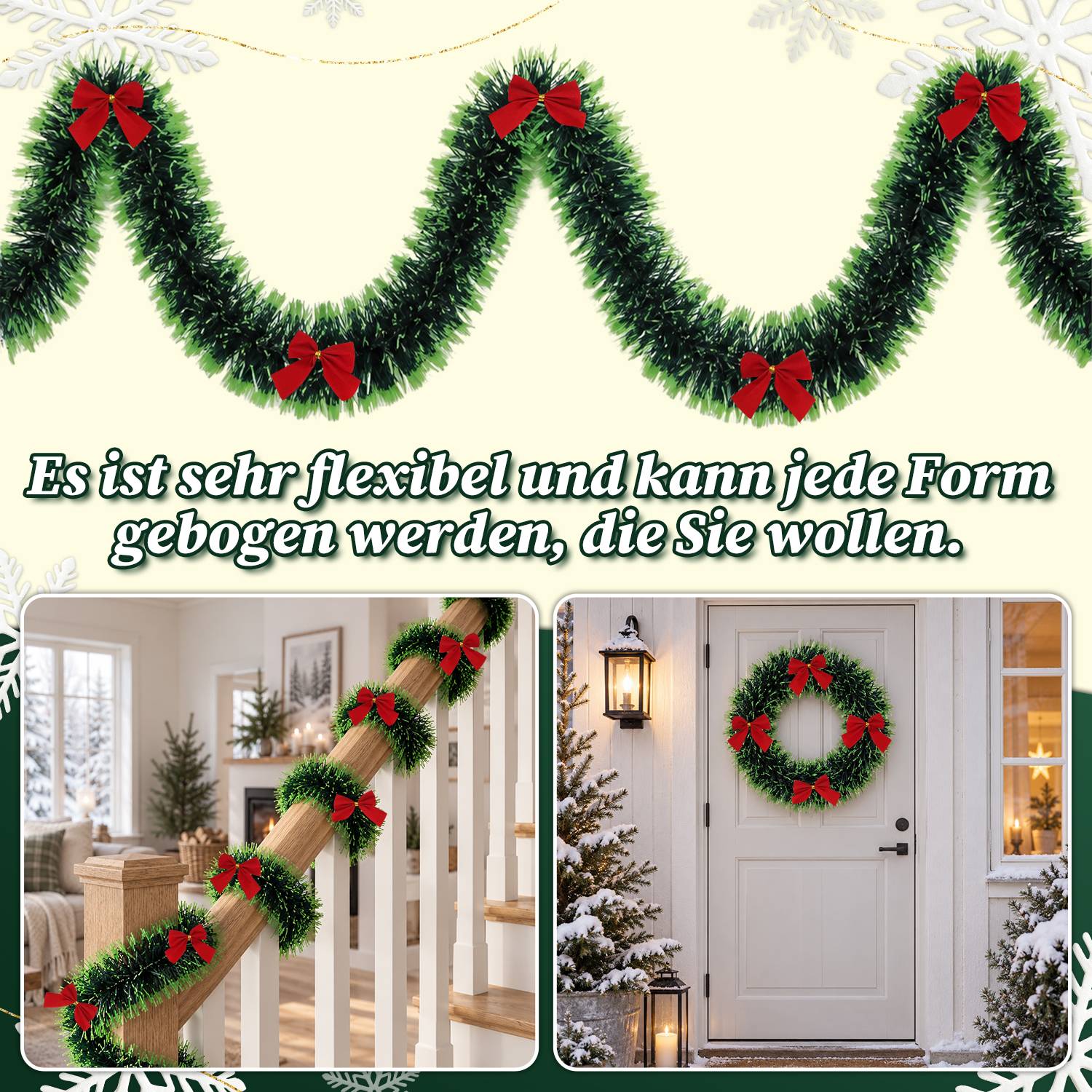 Weihnachtsgirlande 15 m mit 48 Schleifen, dunkelgrün mit grünem Rand