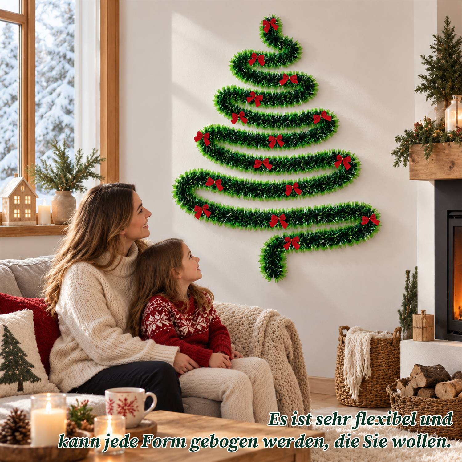 Frau und Kind sitzen auf einem gemütlichen Wohnzimmersofa und schauen sich eine weihnachtsbaumförmige grüne Lamettawanddekoration mit roten Schleifen an, neben einem brennenden Kamin.