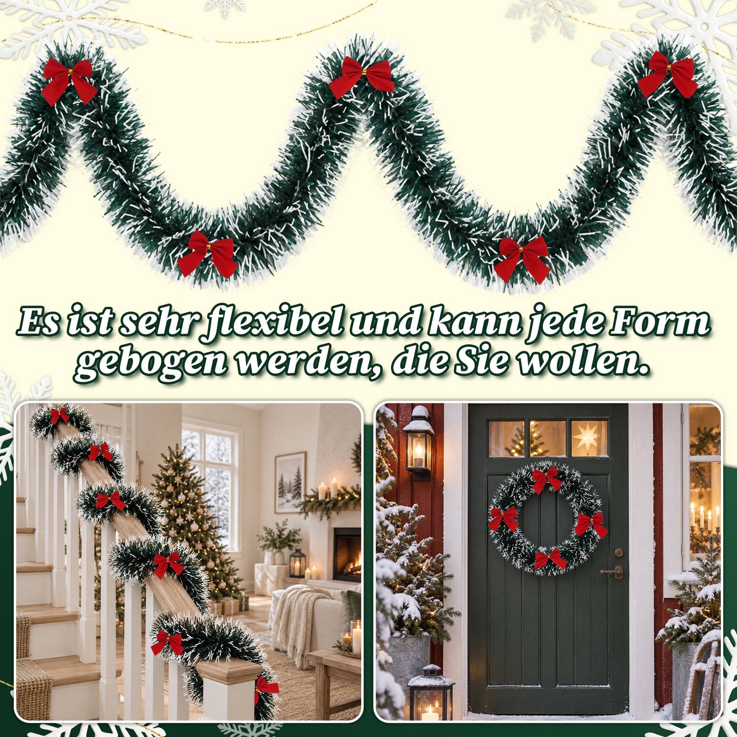 Dekorative Girlande mit roten Schleifen, die in Formen gebogen gezeigt wird; der Text besagt, dass sie sehr flexibel ist und in jede beliebige Form gebogen werden kann.