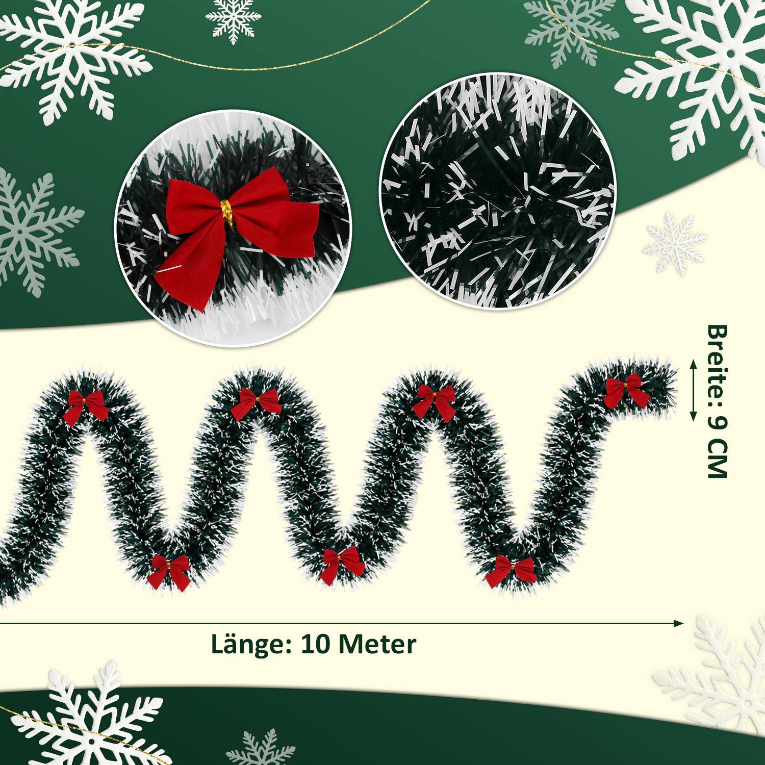 Weihnachtsgirlande-Illustration mit einer Länge von 10 Metern und einer Breite von 9 cm, mit roten Schleifen und schwarzen Lamettadetails auf grünem und cremefarbenem Hintergrund.