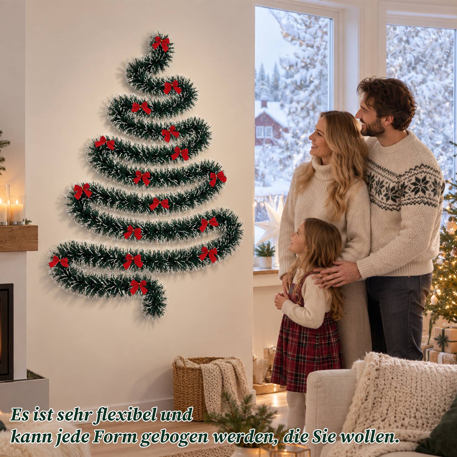 Familie in einem gemütlichen Wohnzimmer neben einem an der Wand montierten spiralförmigen Weihnachtsbaum, der mit roten Schleifen dekoriert ist; deutscher Text besagt, dass er sehr flexibel ist und in jede beliebige Form gebogen werden kann.