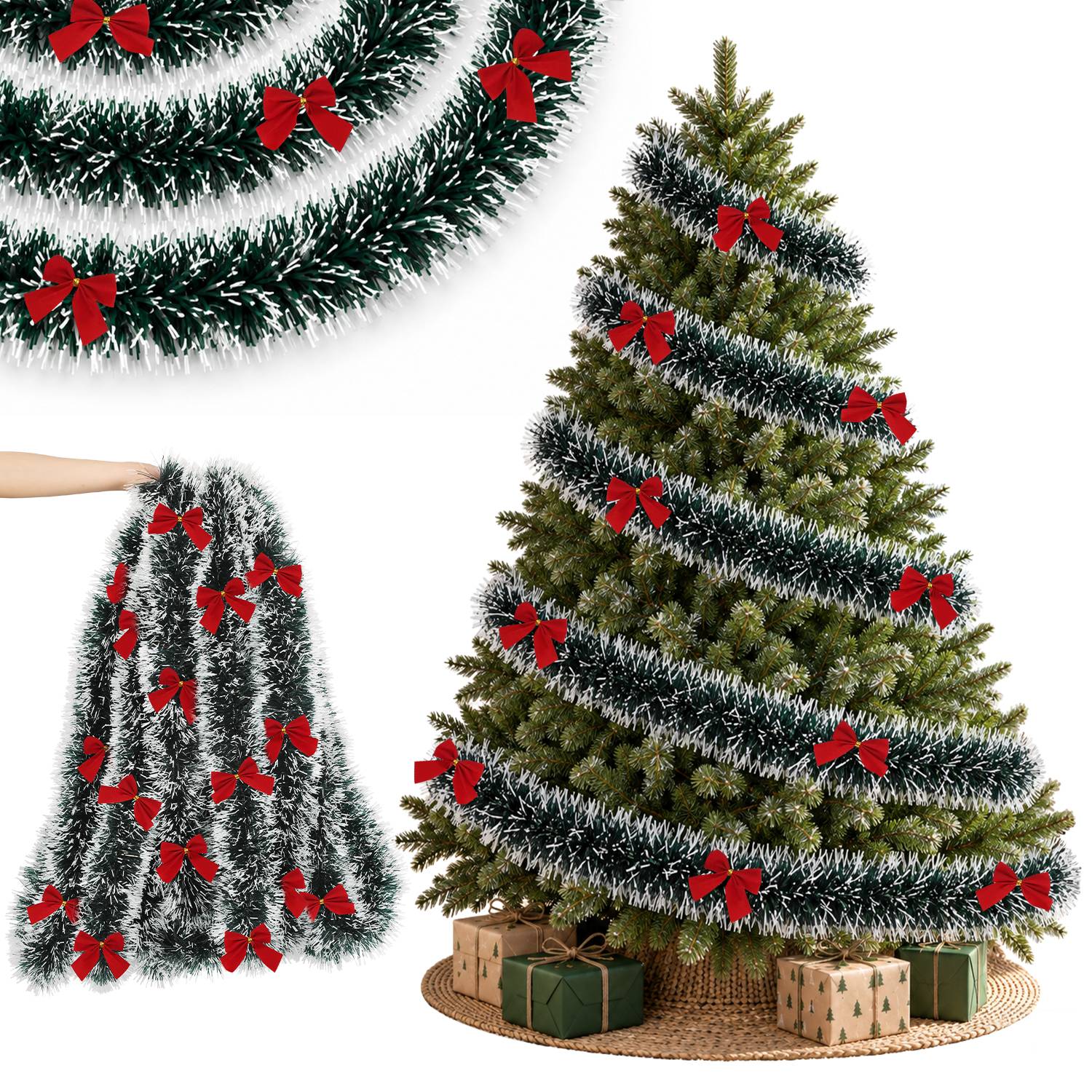 Künstlicher Weihnachtsbaum, dekoriert mit silbernem Lametta und roten Schleifen, gezeigt mit passendem Girlanden, einem drapierten Girlanden-Stück und eingepackten Geschenken an der Basis.
