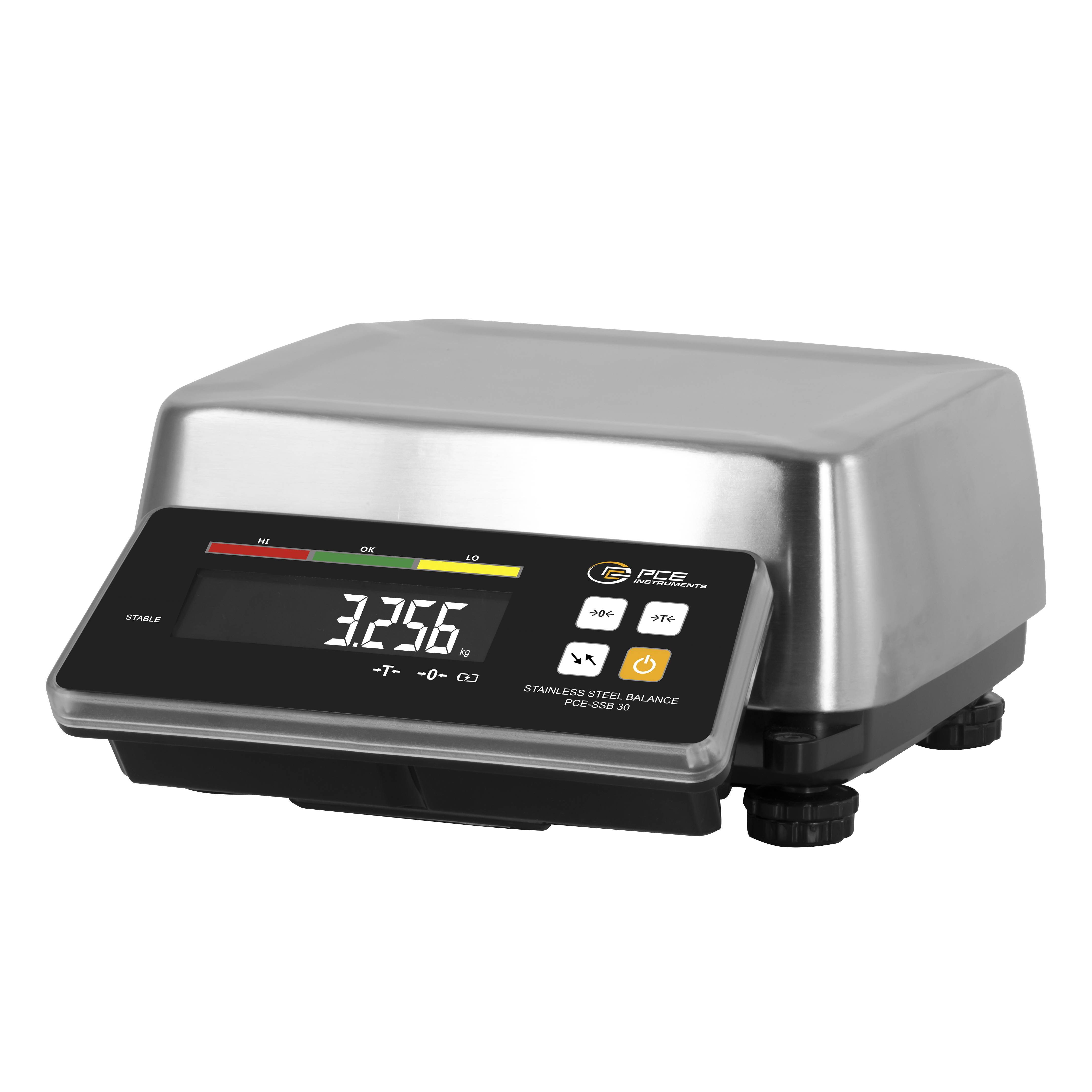 Digitale Edelstahl-Waage mit einer Anzeige von 3,256 auf dem Display, mit Kontrolltasten und farbiger Statusleiste.