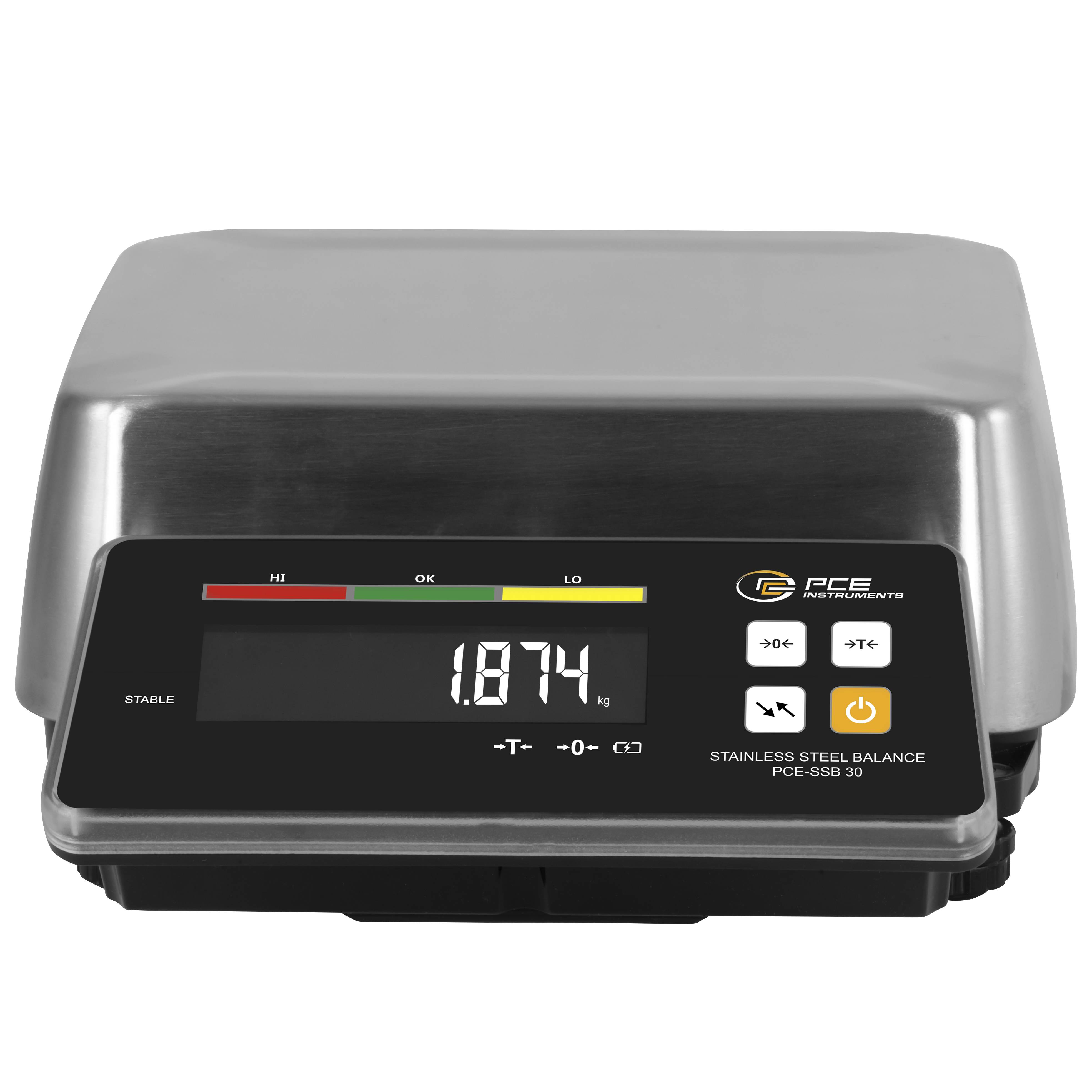 Digitale Edelstahl-Waage mit Display, das 1.874 kg anzeigt, mit hi/ok/lo-Statusbalken und Steuertasten.