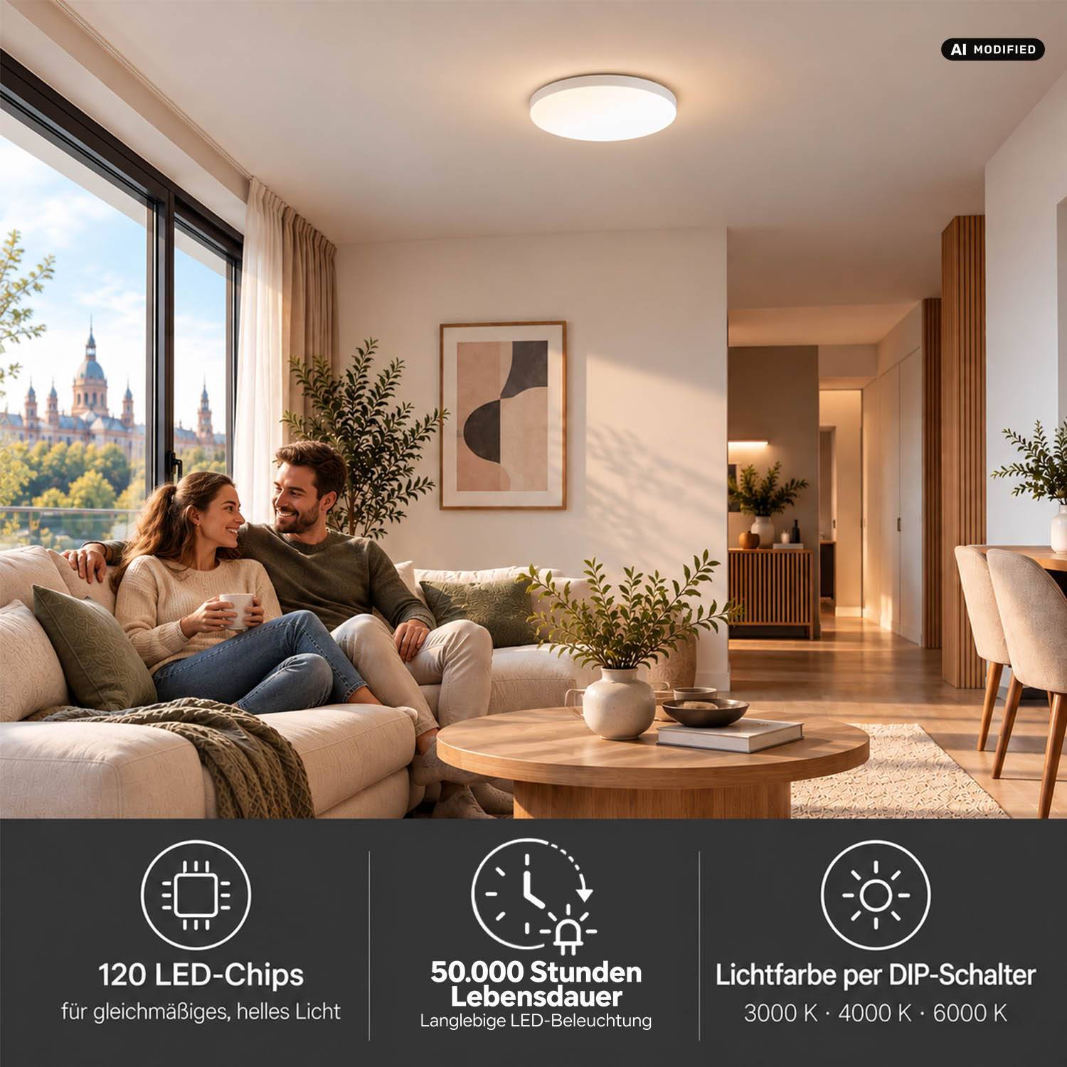 Paar entspannt sich auf einem Sofa in einem sonnendurchfluteten Wohnzimmer; unteres Panel hebt Beleuchtungsmerkmale hervor: „120 LED-Chips", „50.000 Stunden Lebensdauer"" und wählbare Lichtfarben 3000 K, 4000 K, 6000 K.