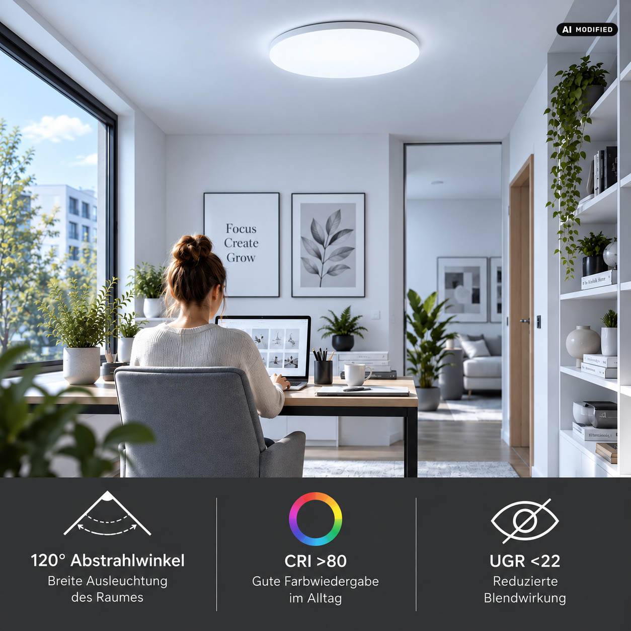 Frau, die an einem Schreibtisch in einem hellen Homeoffice arbeitet; unteres Panel hebt Beleuchtungsmerkmale hervor: 120° Abstrahlwinkel, CRI >80, UGR 