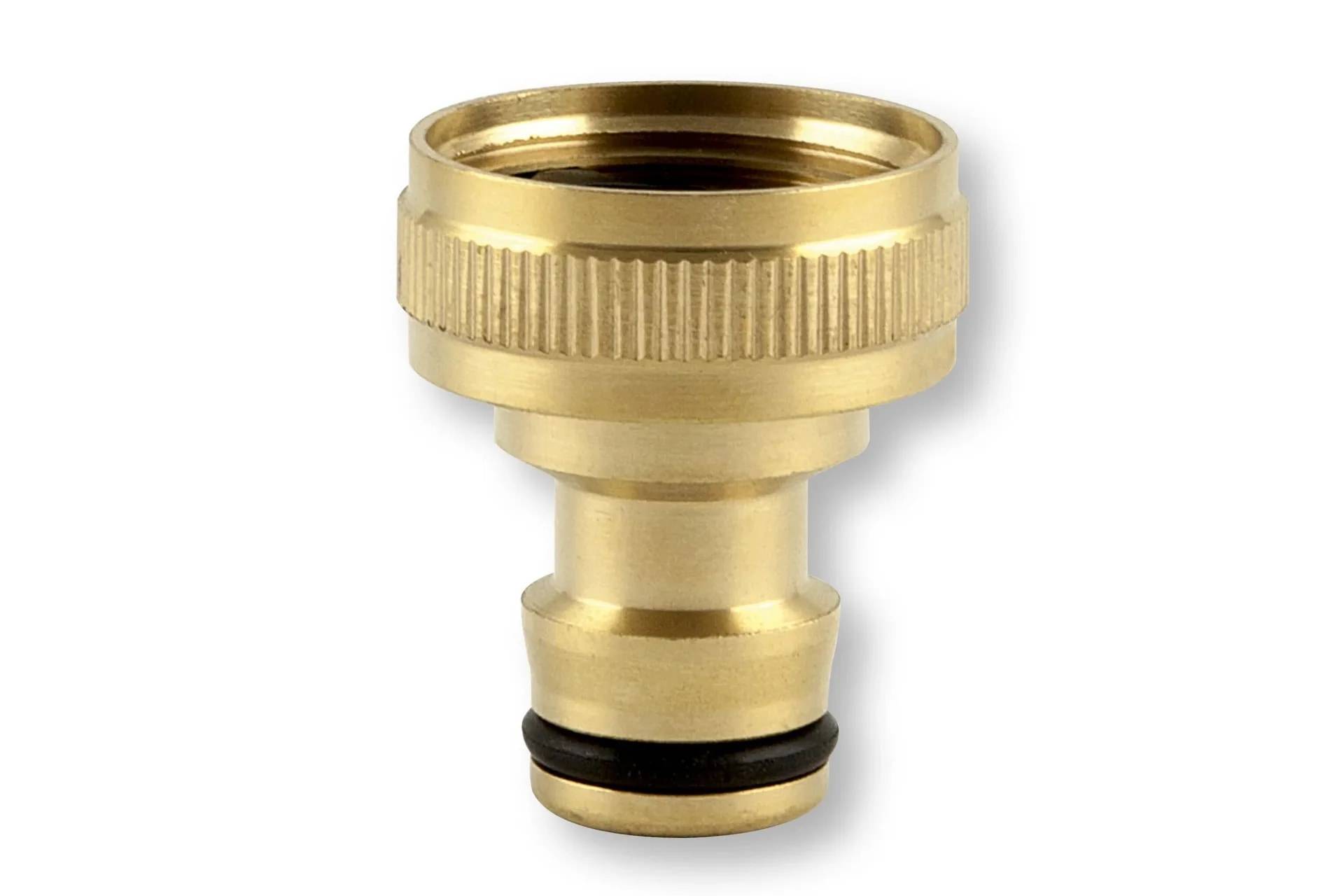 Messingrohr-Steckeradapter mit Gewinde oben und schwarzer O-Ring-Dichtung auf weißem Hintergrund