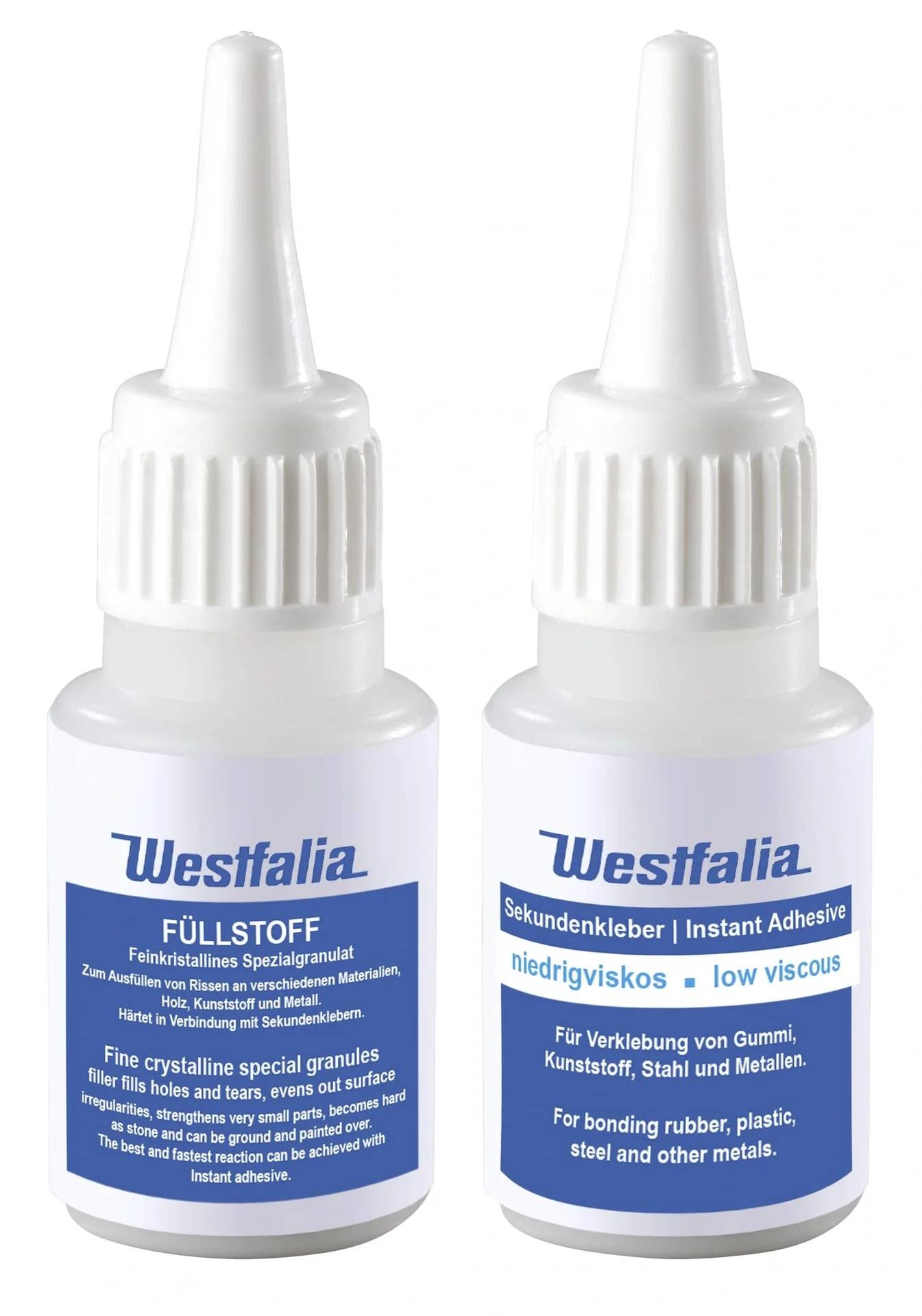 Zwei weiße Westfalia-Klebstoffflaschen mit spitzen Applikatorkappen; eine mit der Aufschrift „Füllstoff" und die andere „Sekundenkleber | Instant Adhesive"".