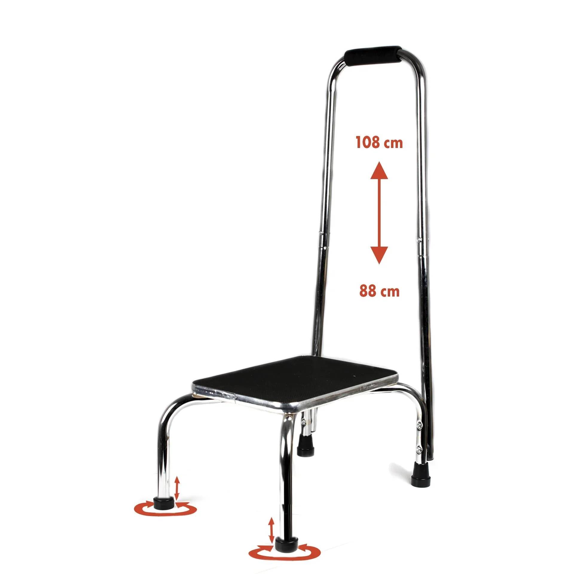 Tragbarer Tritthocker mit Handlauf, zeigt verstellbare Höhe von 88 cm bis 108 cm und rutschfeste Füße.