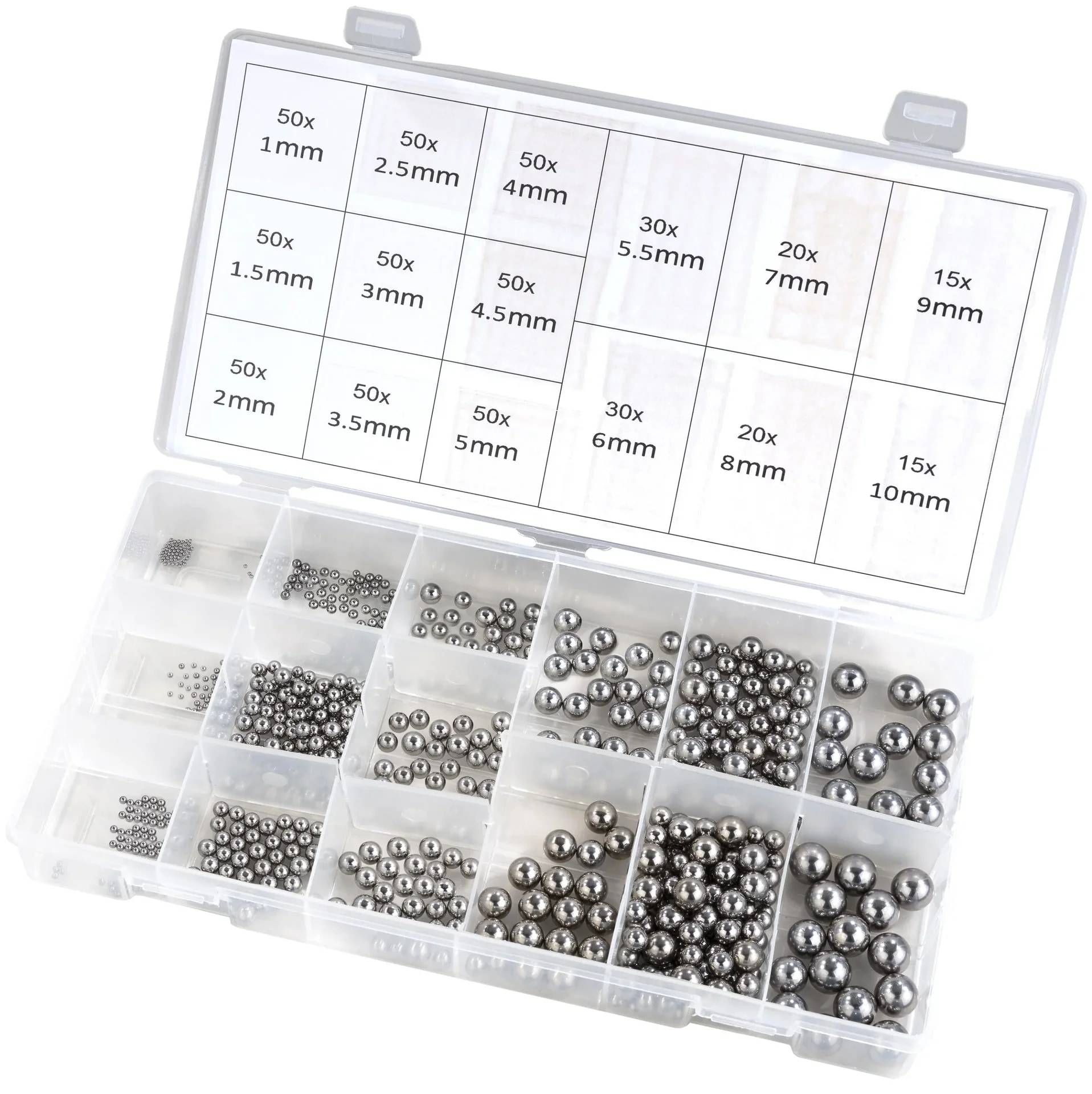 Kunststoff-Organisierkasten mit sortierten kleinen Metallperlen oder Befestigungselementen, nach Größe sortiert, beschriftet von 1mm bis 10mm und Mengenangaben pro Fach.
