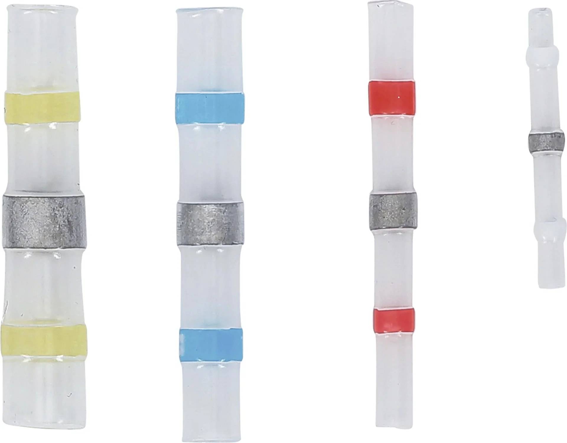 Vier transparente Kabelverbinder oder Drahtverbindungshülsen in verschiedenen Größen, jeweils mit farbigen Bändern gekennzeichnet: gelb, blau, rot und ein schlicht silbernes Band.