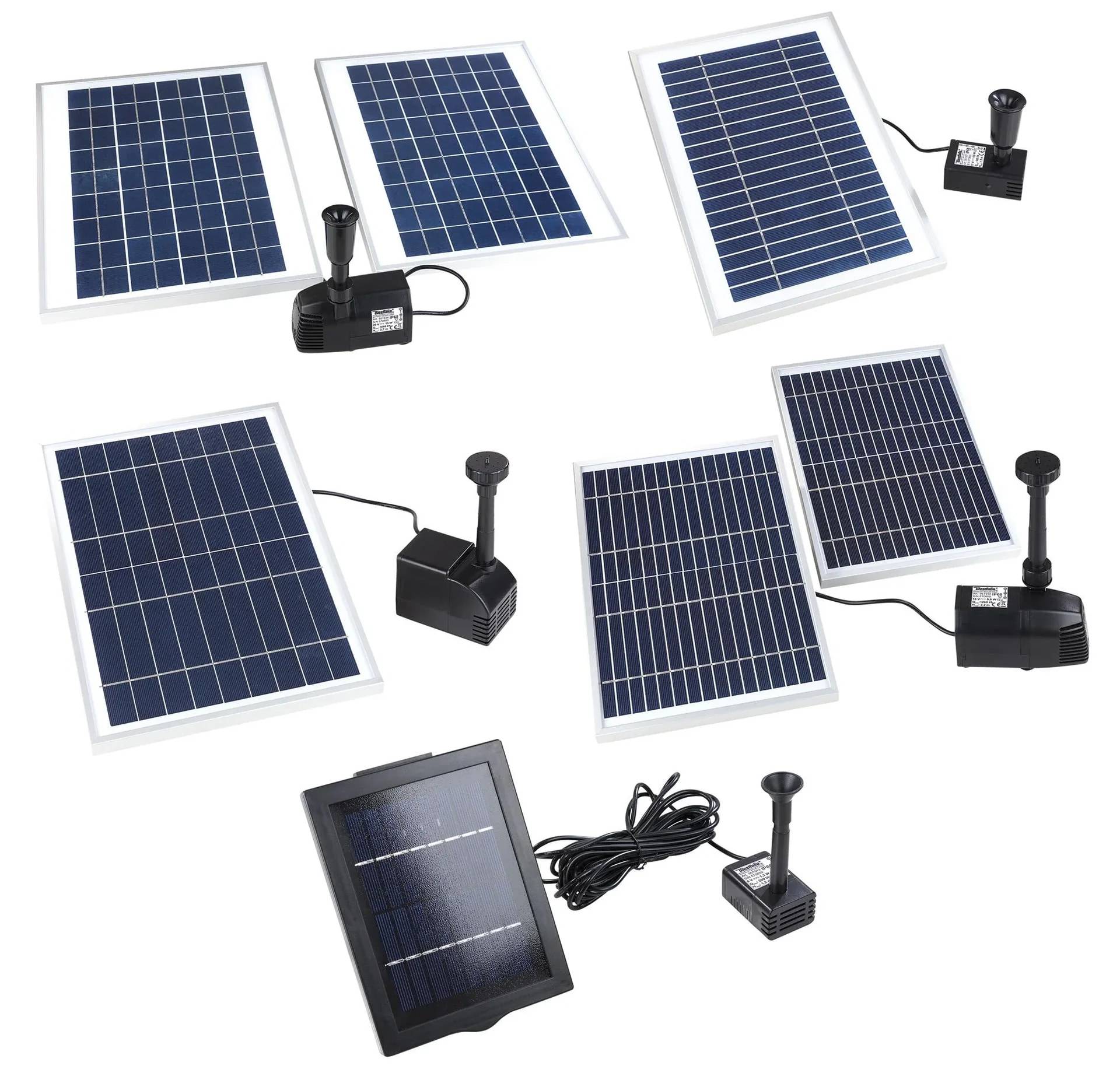 Collage aus kleinen Solarpanel-Sets mit rechteckigen Paneelen, schwarzen Pump- oder Lichteinheiten und Verbindungskabeln auf weißem Hintergrund.