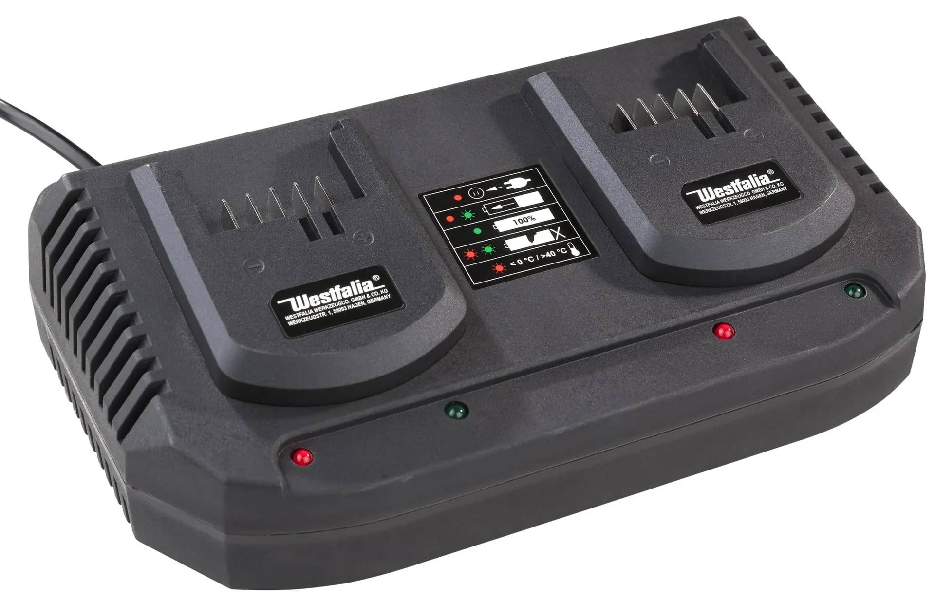 Schwarzes Dual-Schacht-Ladegerät für Batterien mit Statusleuchten und Westfalia-Logos auf weißem Hintergrund.