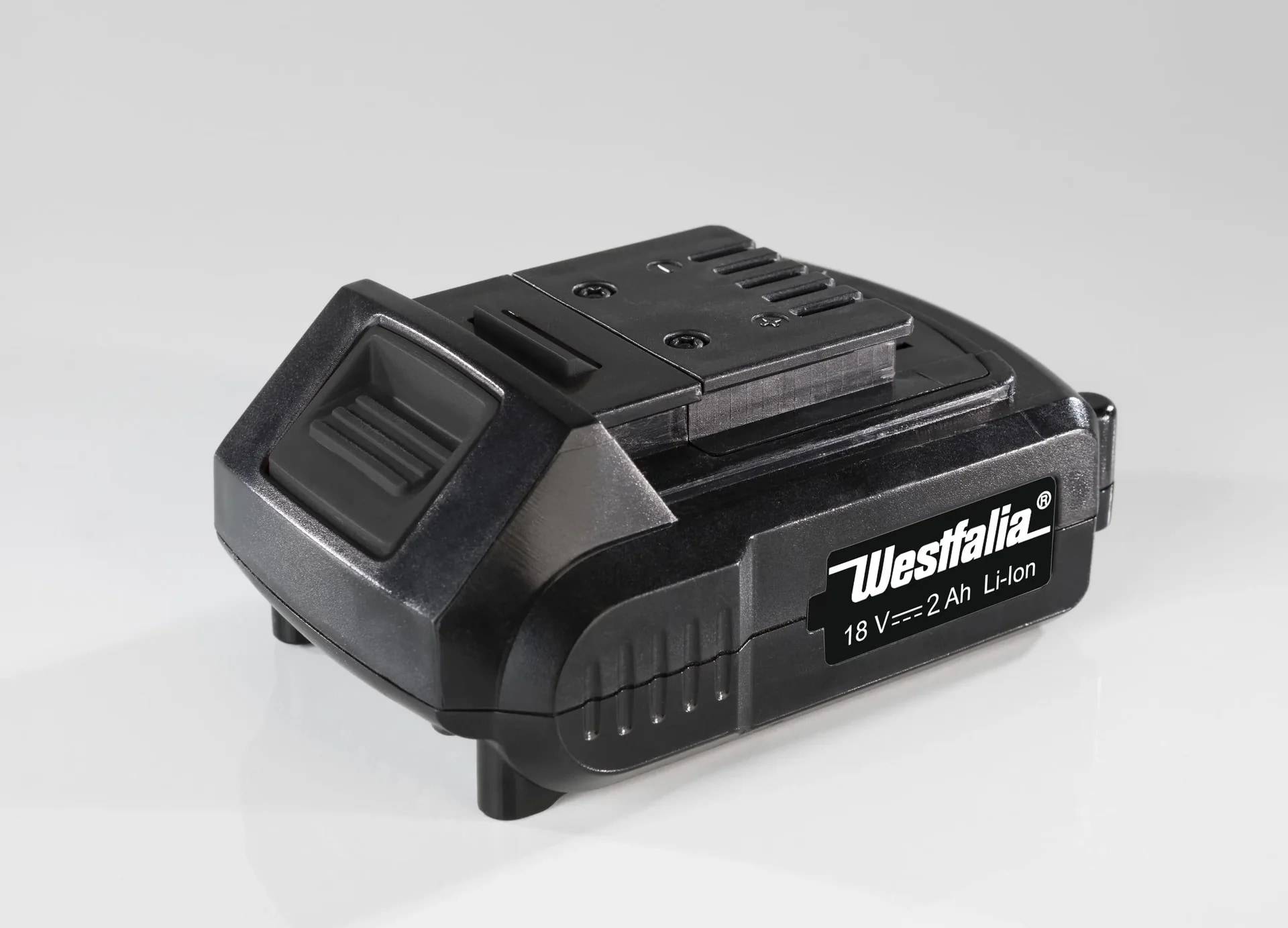 Schwarzes Westfalia 18V 2Ah Li-Ion wiederaufladbares Akku-Pack auf weißem Hintergrund.