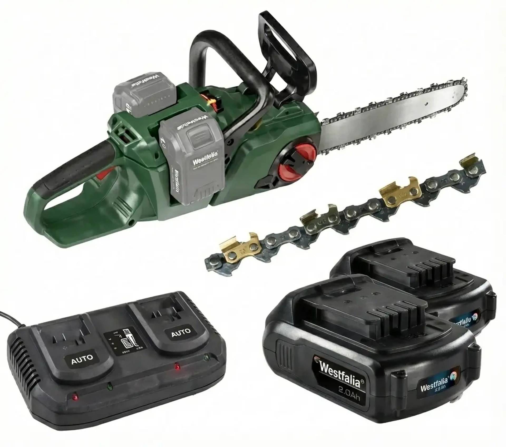Akku-Kettensägen-Set mit grüner Säge, abnehmbarer Kette, Dual-Batterieladegerät und zwei 2,0-Ah-Akkupacks auf weißem Hintergrund.