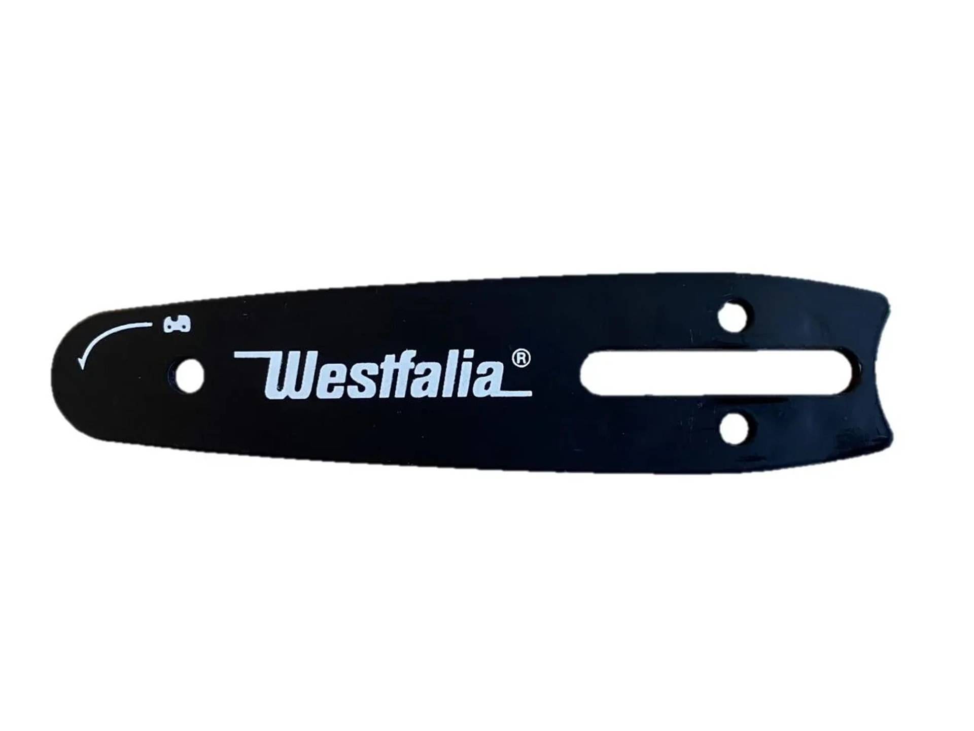 Schwarze Westfalia-Metallhalterung oder Montageplatte mit Löchern und einem langen Schlitz, dargestellt auf weißem Hintergrund.
