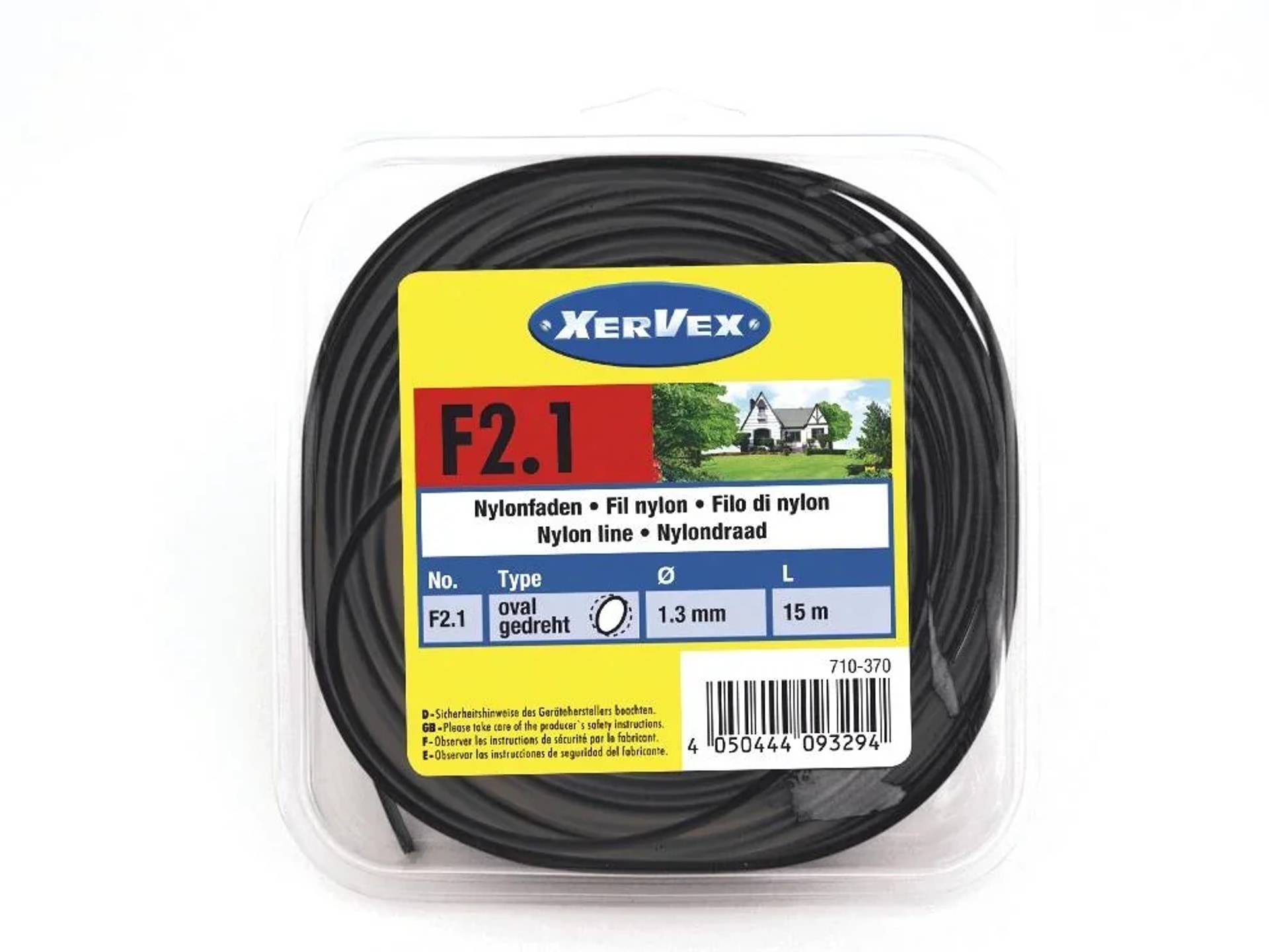 Verpackung der XerVex F2.1 Nylon-Trimmerschnur-Spule, 1,3 mm Durchmesser, 15 m Länge, in transparentem Kunststoffgehäuse.
