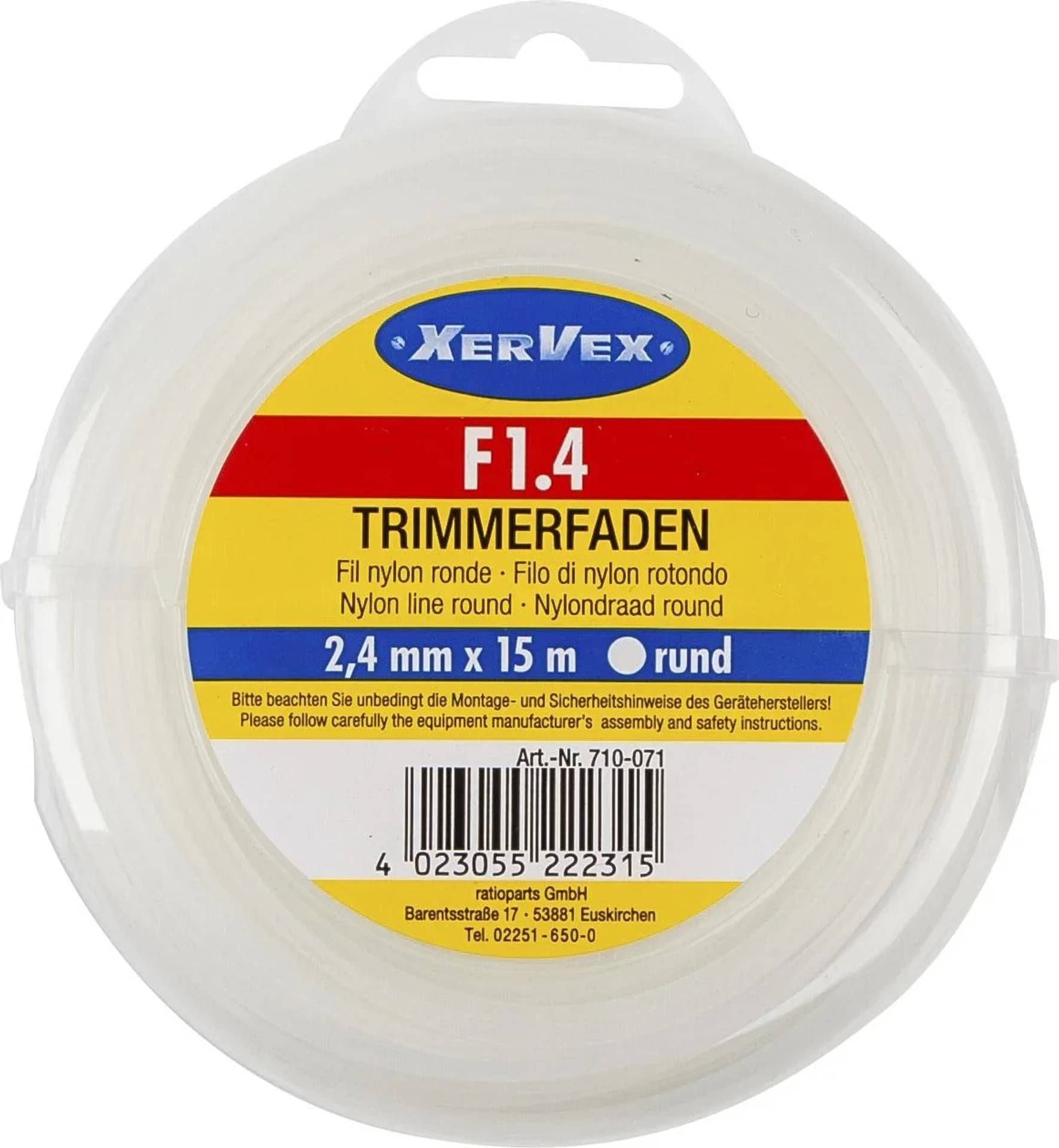 Spule XERVEX F1.4 Trimmerfaden-Verpackung mit Etikett 'TRIMMERFADEN', 2,4 mm x 15 m, runder Nylonfaden.