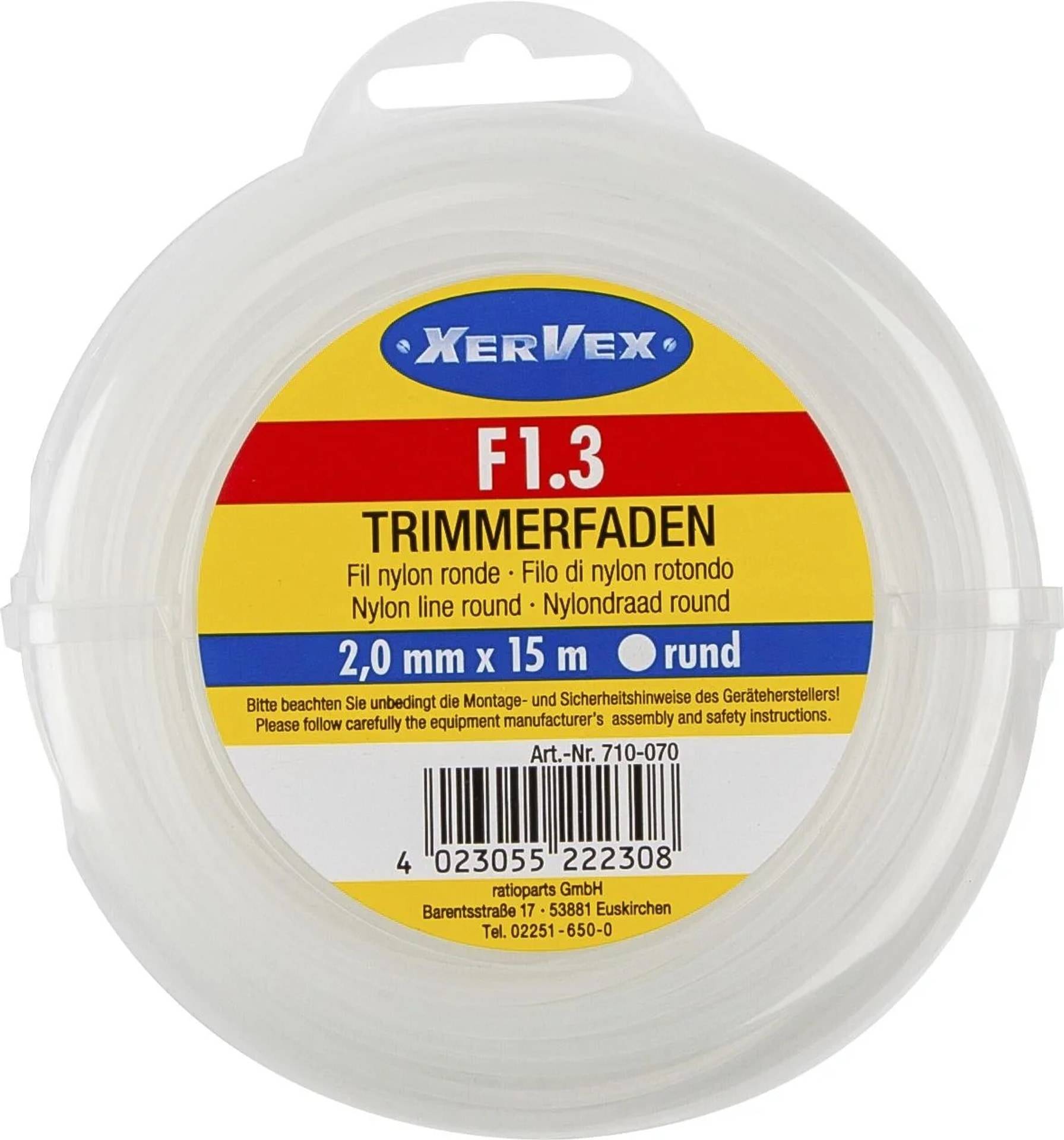 Spule mit klarer Schneidleine mit der Bezeichnung XER VEX F1.3, 2,0 mm x 15 m, runde Nylonleine, mit Barcode auf der Verpackung.