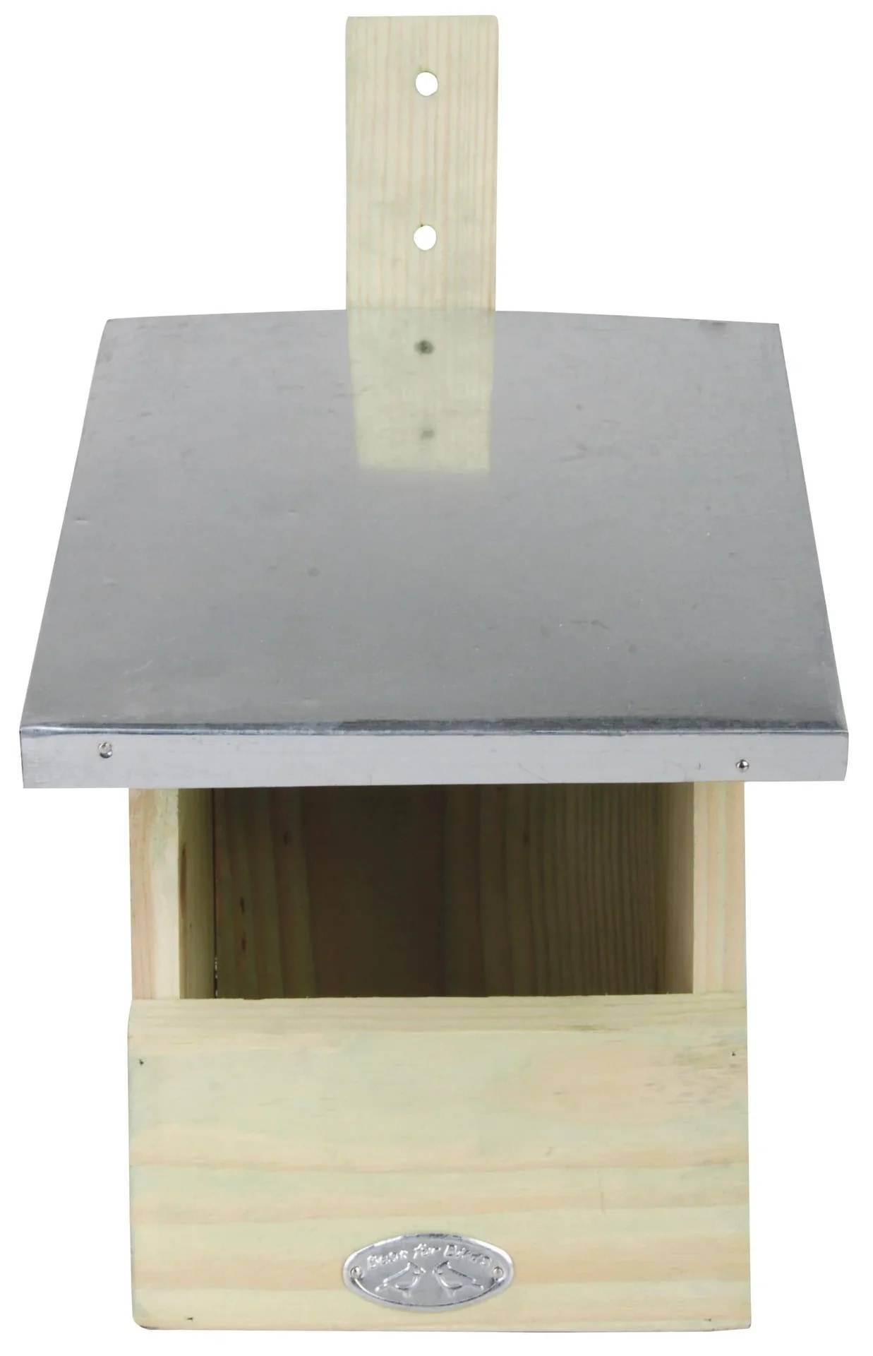 Vogelhaus aus Holz mit flachem Metalldach und Aufhängevorrichtung oben.