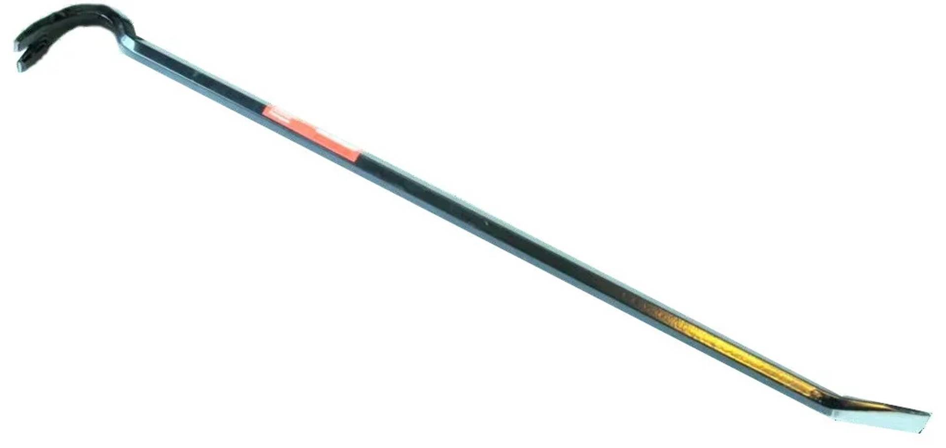Ein langer Metallhebel mit einem gebogenen Hakenende und flachem Meißelende, diagonal auf weißem Hintergrund dargestellt.
