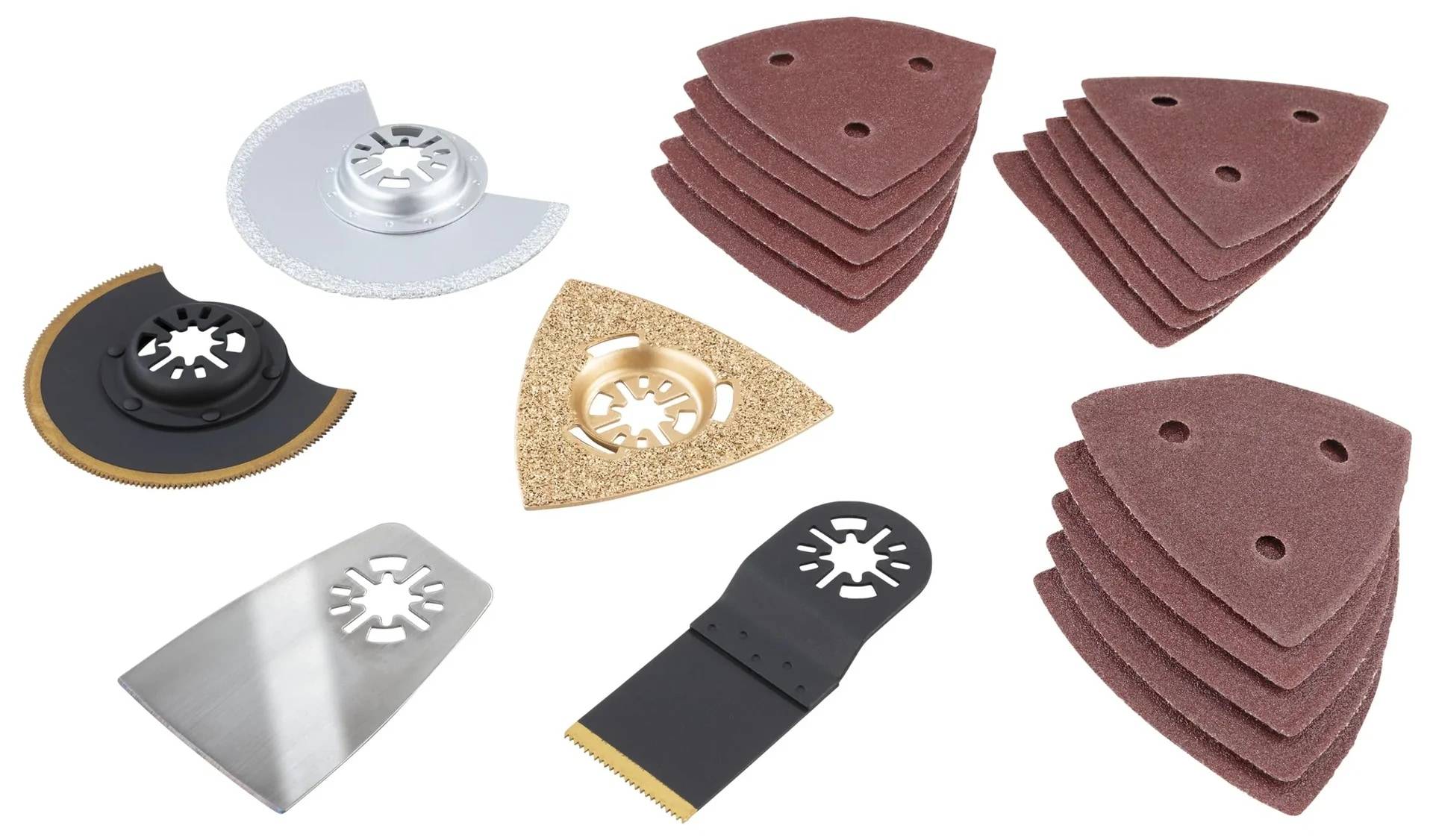 Sortierte Schleif- und Kratzblätter für Multifunktionswerkzeuge, einschließlich dreieckiger Schleifdüfte, Metallkratzblätter und Körnung-Aufsätze in Schwarz, Silber und Braun.
