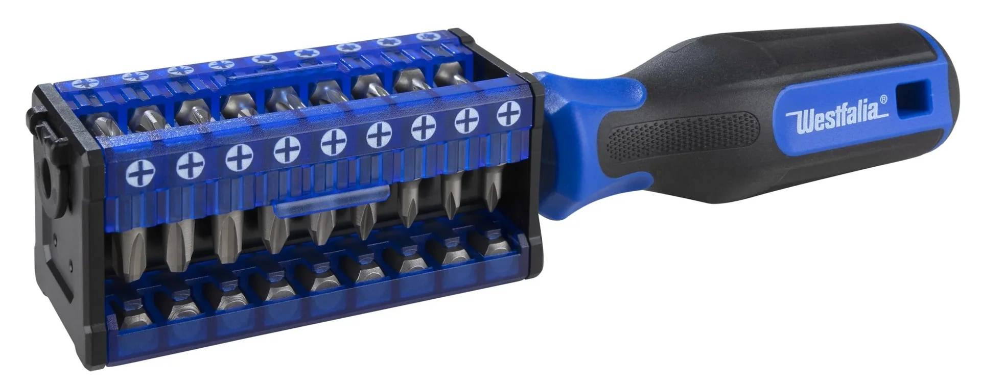 Westfalia Schraubendreher mit blau-schwarzem Design und austauschbaren Bits mit schwarzem Griff in zwei Reihen