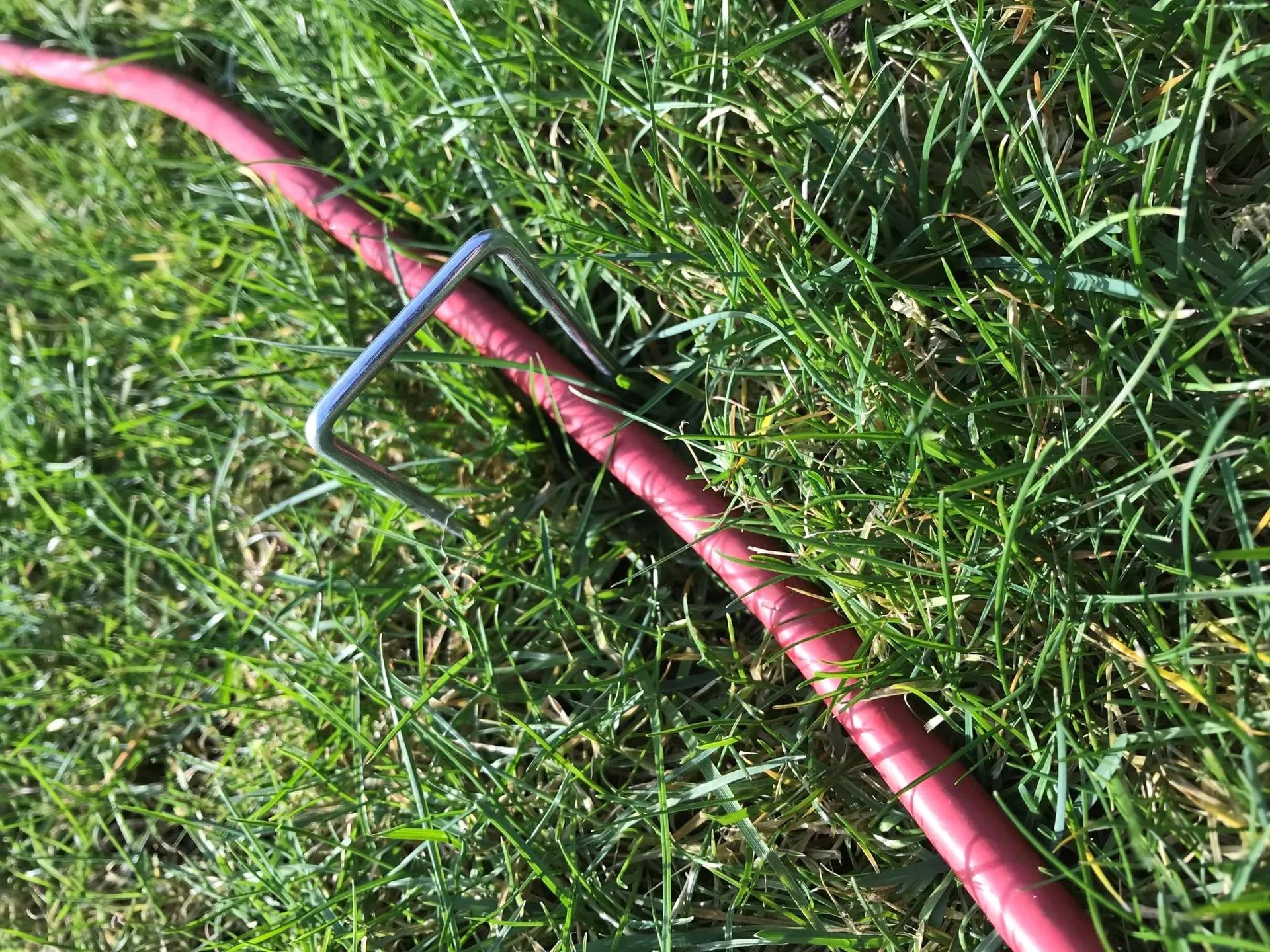 Roter Gartenschlauch, der über grünes Gras gespannt ist und durch einen Metallpflock gehalten wird.
