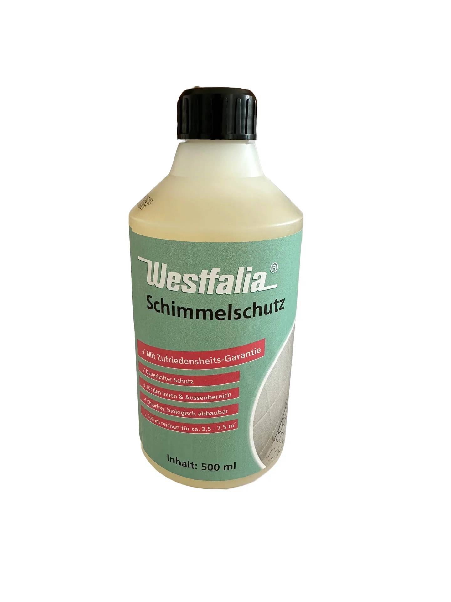 Flasche Westfalia 'Schimmelschutz' Schimmelbeschichtungslösung, 500 ml, mit schwarzem Deckel und grünem Etikett.