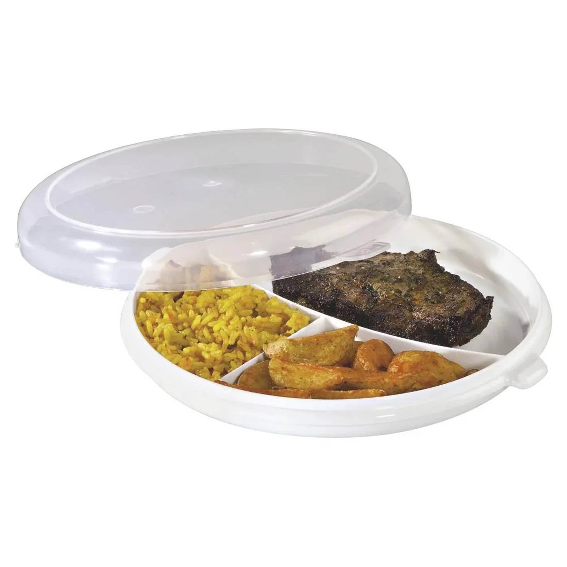 Weißer Kunststoff-Essensbox mit Deckel zum Unterteilen, mit durchsichtigem Deckel, gefüllt mit Reis, gebratenen Kartoffeln und einem Stück gegrilltes Fleisch.