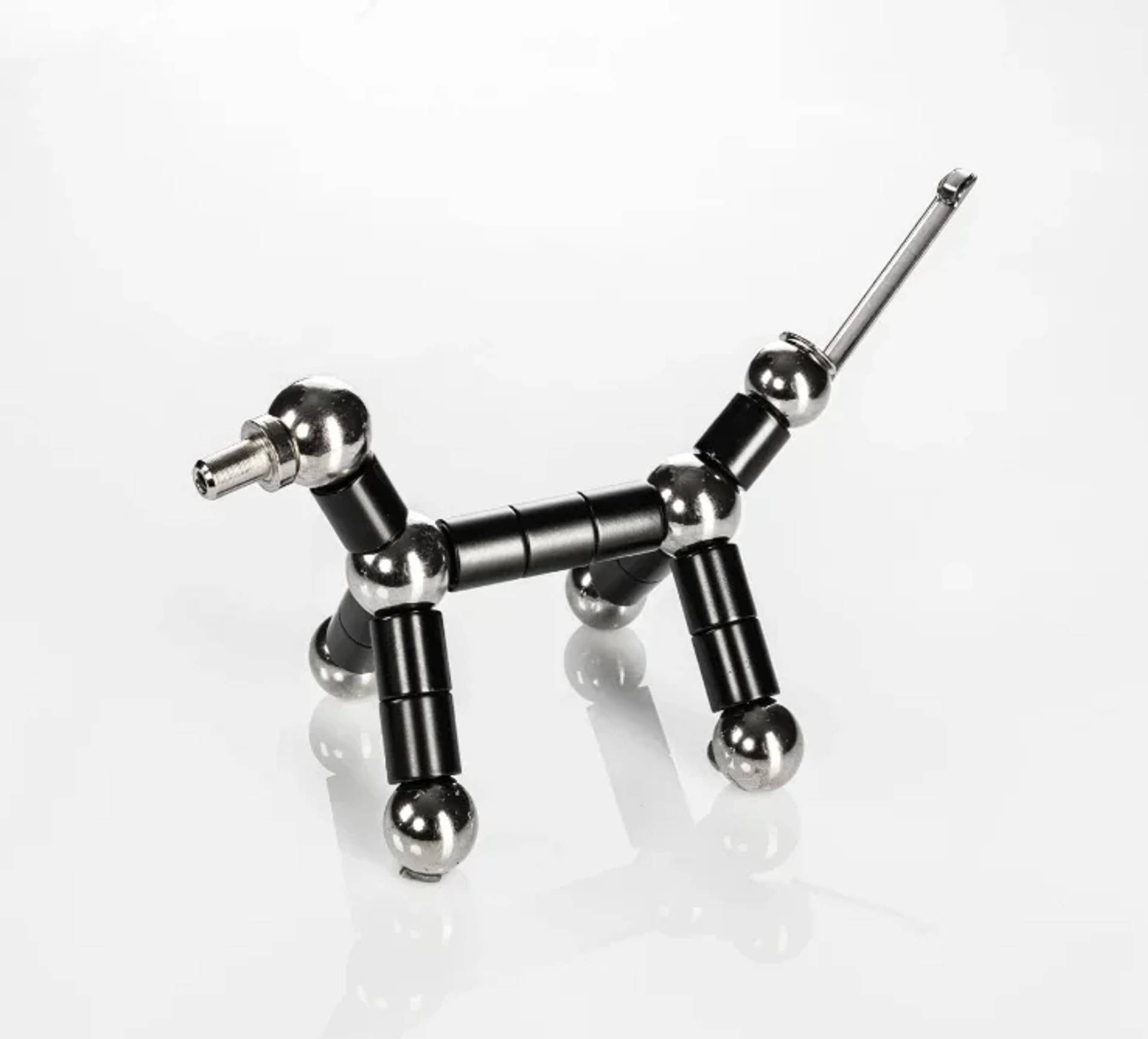 Ein schwarzes und silbernes Molekülmodell eines Hundes, hergestellt aus magnetischen Stäben und Kugeln, in Pose auf weißem Hintergrund.