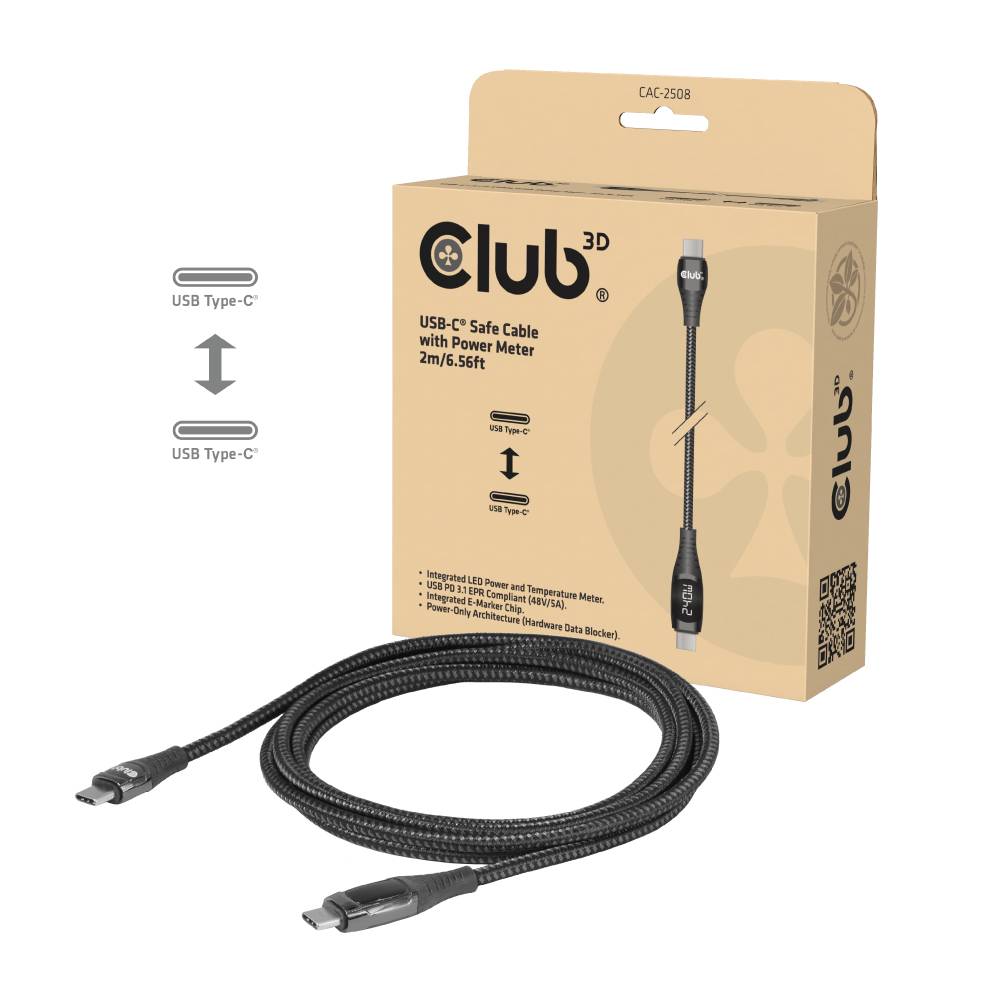Club3D USB-C Sicherheitsladekabel 240W 2m Lade-Display