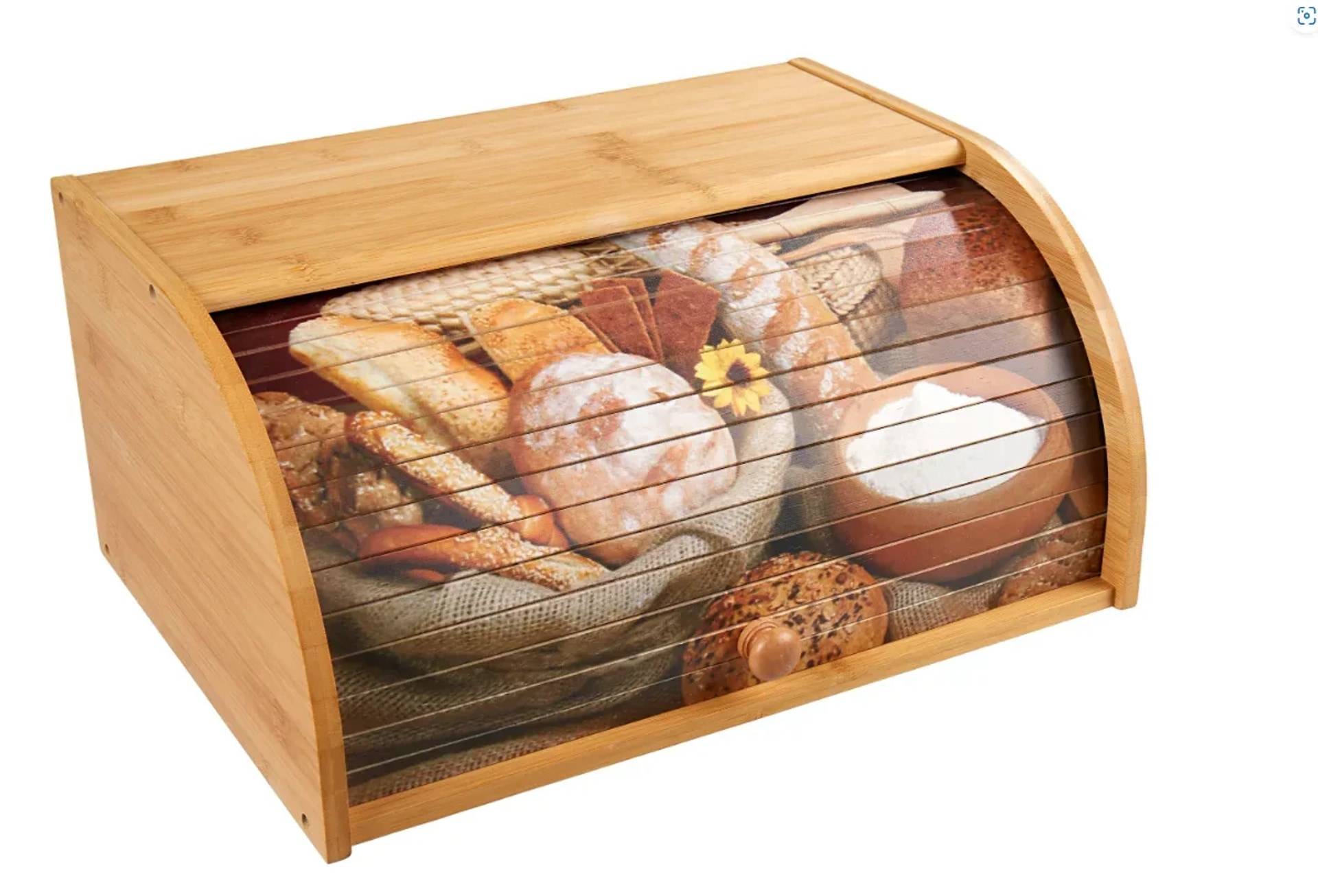Bambus Brotkasten mit Rolldeckel (Motiv Brotauswahl)