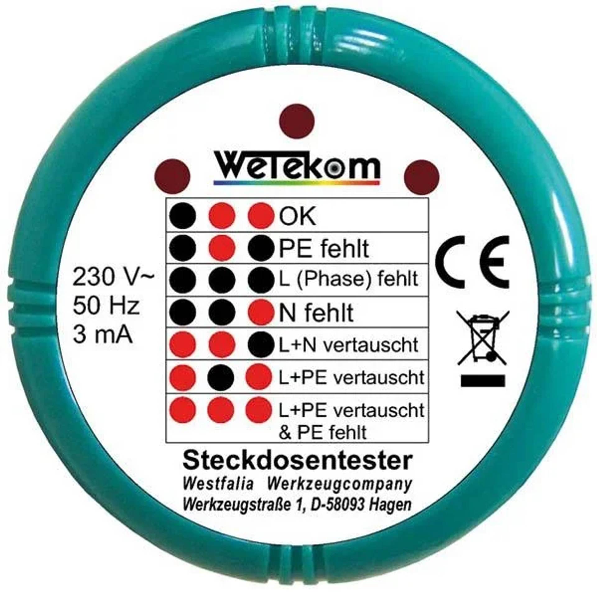 Rundprüfer Wetekom mit grünem Gehäuse zur Überprüfung von 230-V-50-Hz-Steckdosen, mit LED-Fehlercodes, CE- und Entsorgungssymbolen.
