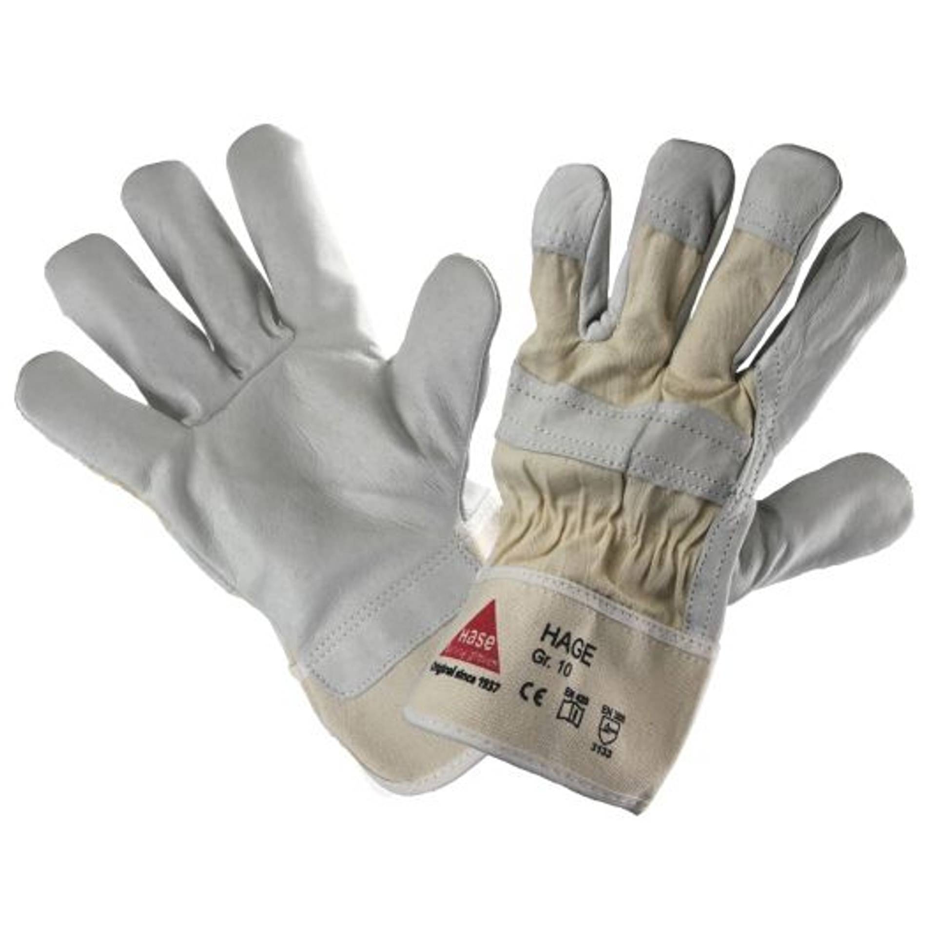 Paar graue und beige Arbeitshandschuhe mit verstärkten Handflächen und Etiketten am Handgelenk, von vorn und hinten auf weißem Hintergrund gezeigt.