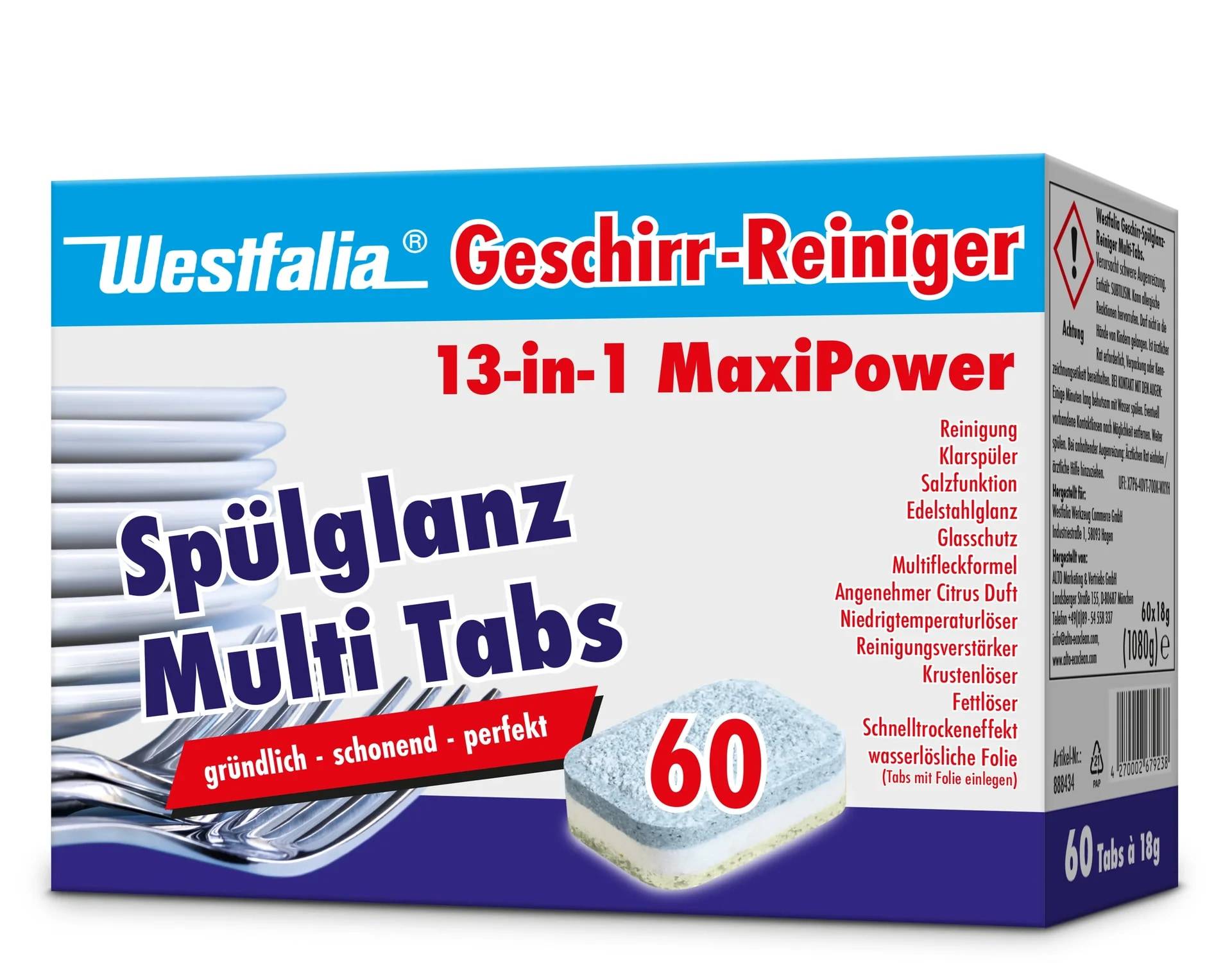 Westfalia 'Geschirr-Reiniger' 13-in-1 MaxiPower Geschirrspültabletten Packung, beschriftet mit 'Spülglanz Multi Tabs' und '60