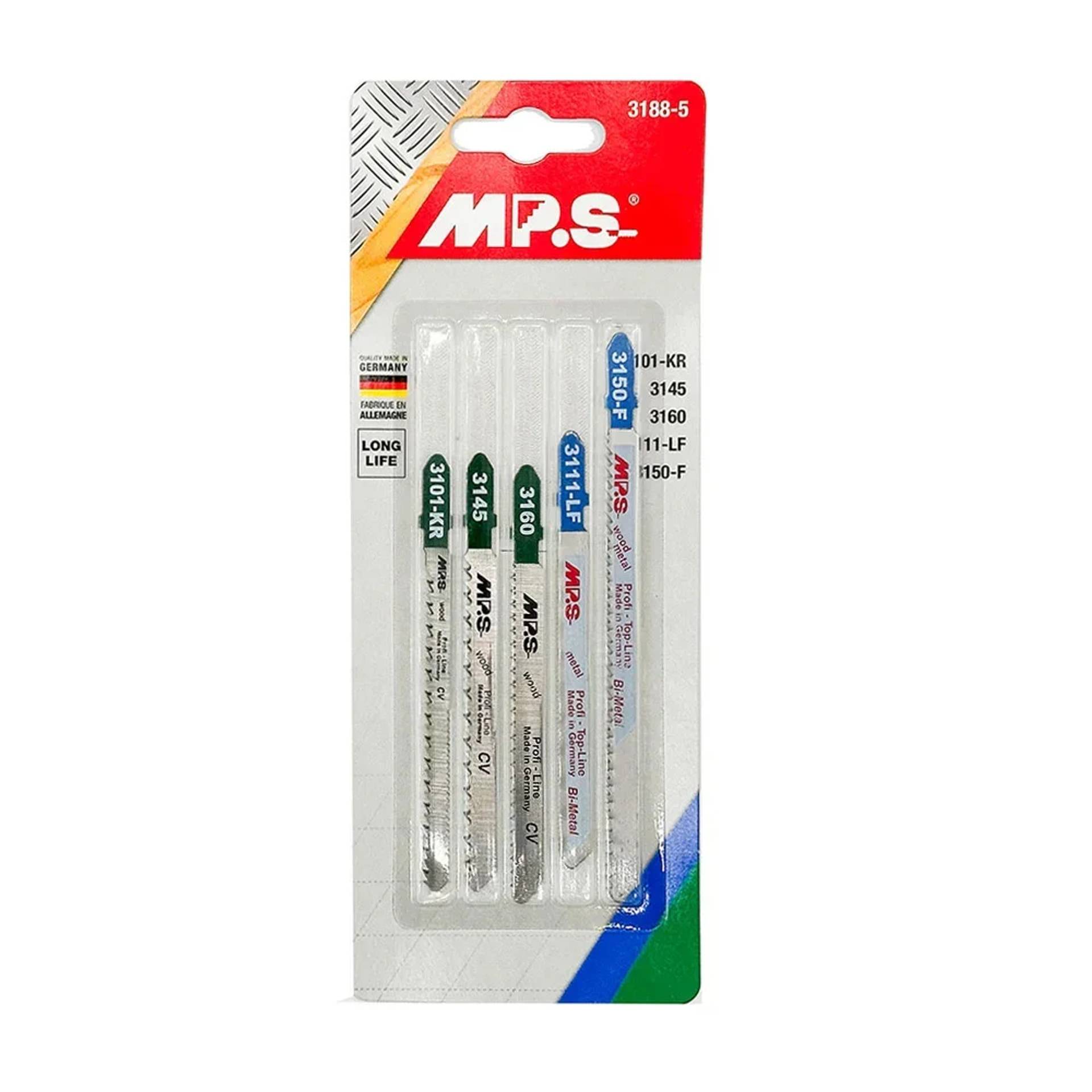 MPS-Stichsägeblatt-Set in durchsichtiger Blisterverpackung, das fünf assortierte Blätter mit Modellnummern und 