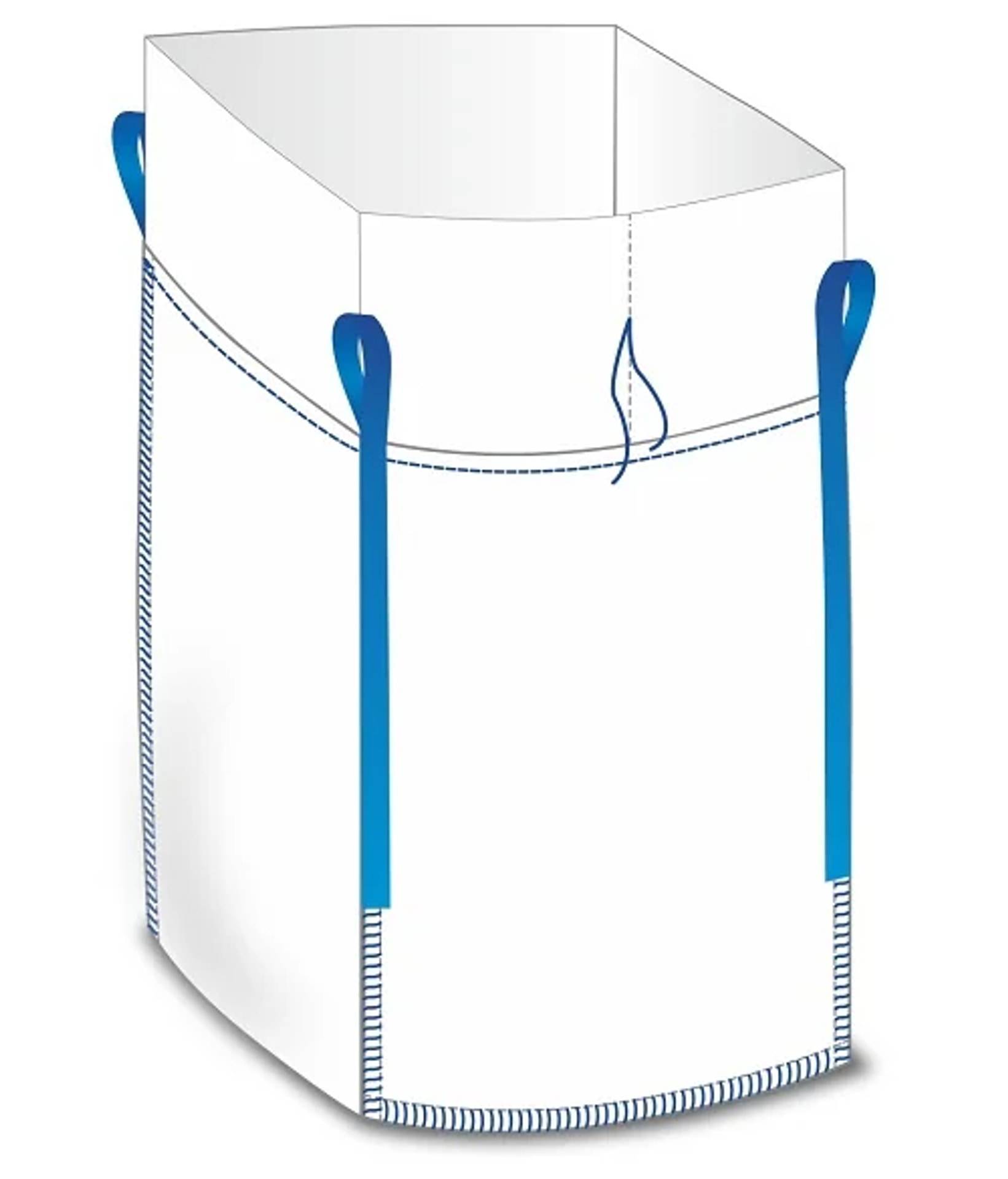 Illustration einer weißen Schüttgutsack mit blauen Hebeschlaufen und genähten Nähten, offen an der Oberseite gezeigt.