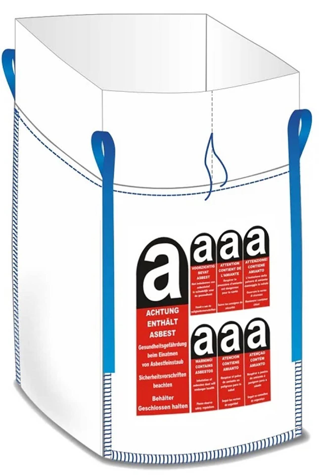 Weiße Gefahrstoffmüllsack mit blauen Griffen und einem deutschen Asbest-Warnschild mit der Aufschrift „ACHTUNG ENTHÄLT ASBEST