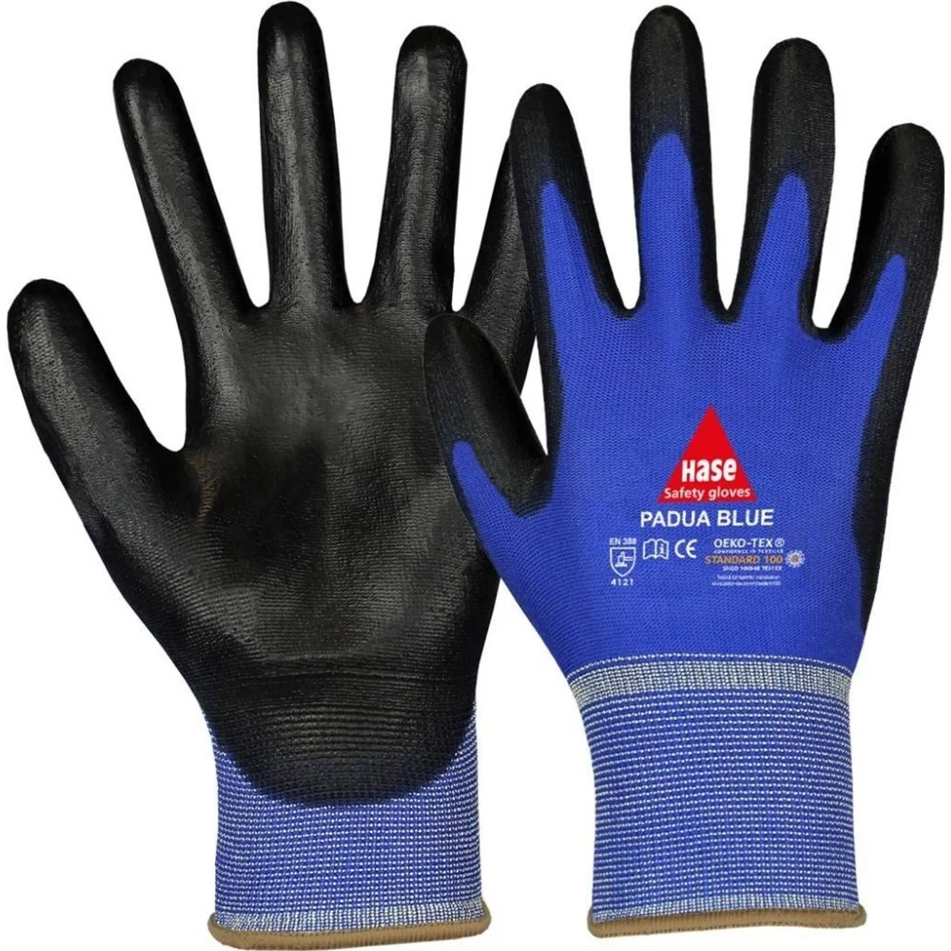 Paar blauer und schwarzer Sicherheitshandschuhe, zeigend die Handfläche und den Handrücken, gekennzeichnet mit 'PADUA BLUE' von Hase Safety Gloves.