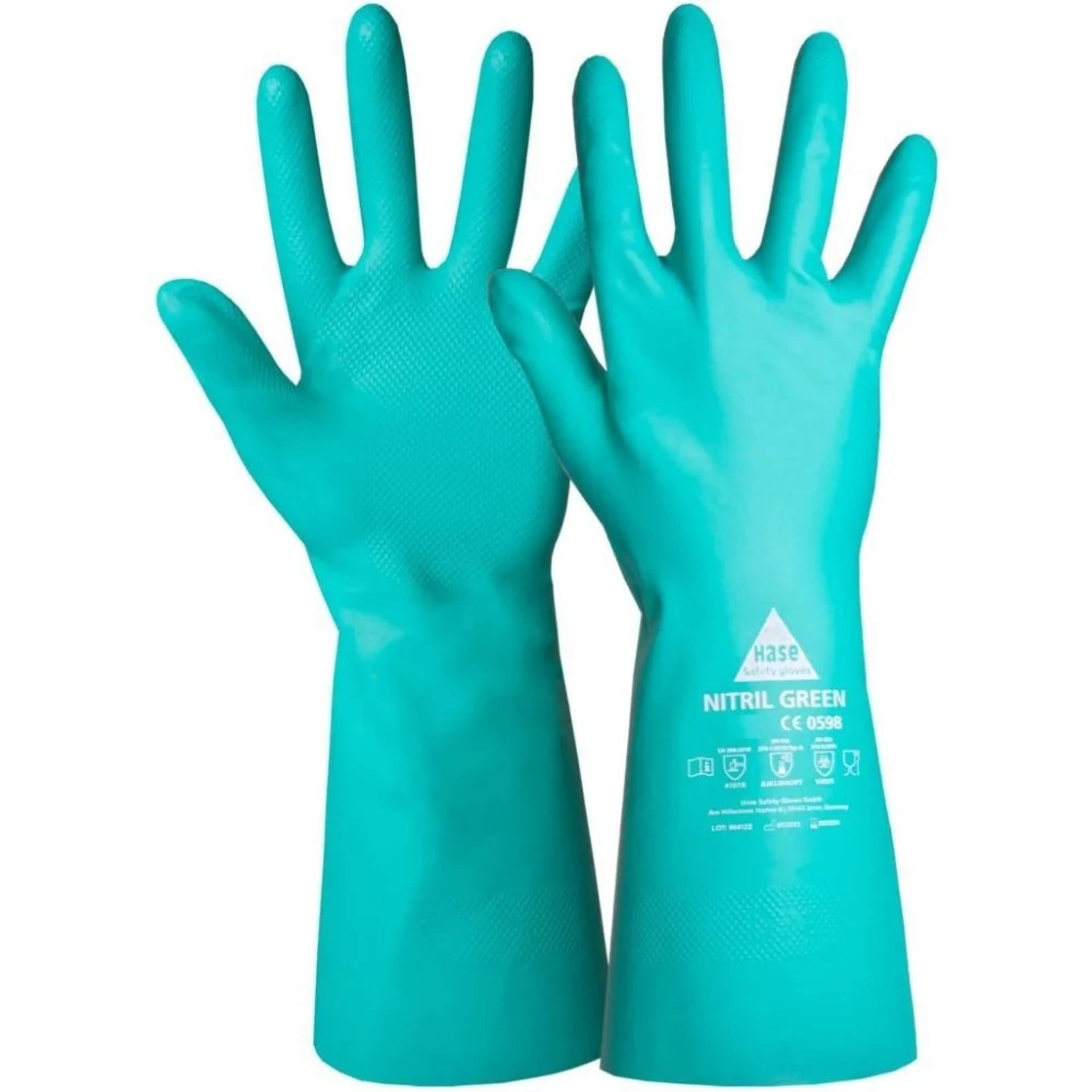 Paar türkise Nitrilhandschuhe, einer zeigt die Handfläche und einer die Rückseite mit dem Etikett „NITRIL GREEN