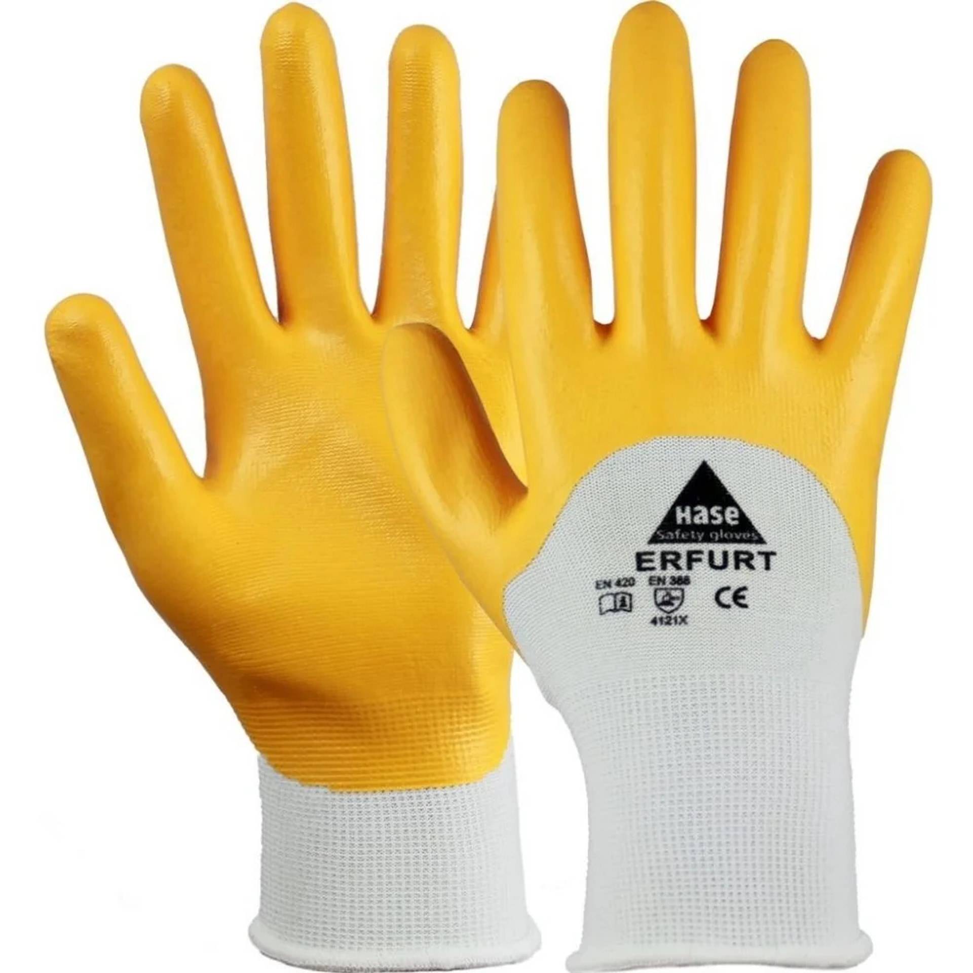 Paar gelb beschichteter Sicherheitshandschuhe mit weißen Manschetten, beschriftet mit „hase safety gloves