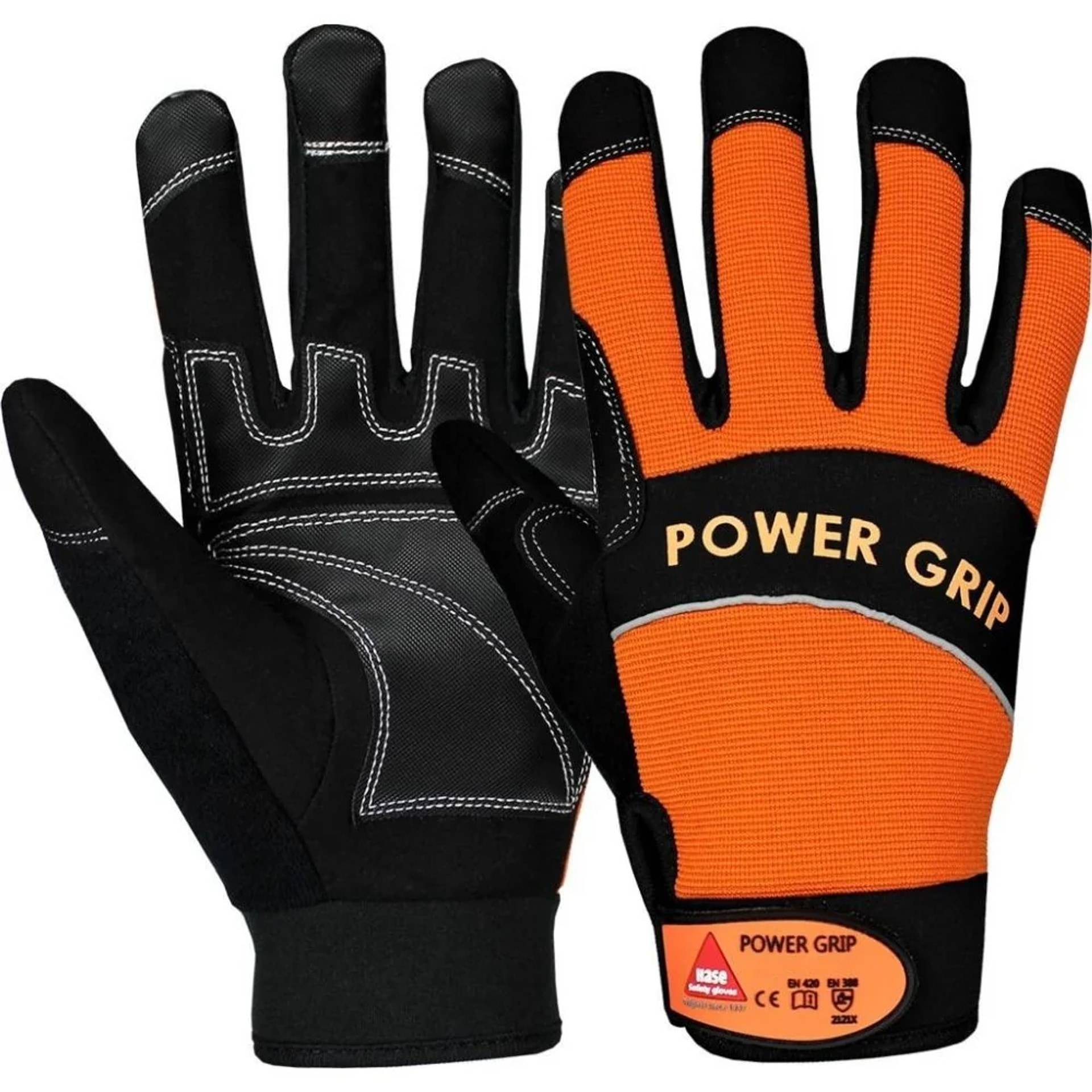 Paar orange-schwarze Arbeitshandschuhe von vorne und hinten gezeigt, mit der Bezeichnung „POWER GRIP