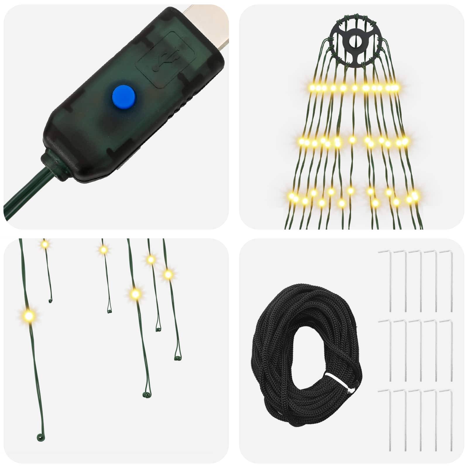 Set solarbetriebener Lichterketten mit einem schwarzen Inline-Schalter, leuchtendem Strangmuster, schwarzer Kabelspule und enthalten Kabelbinder.